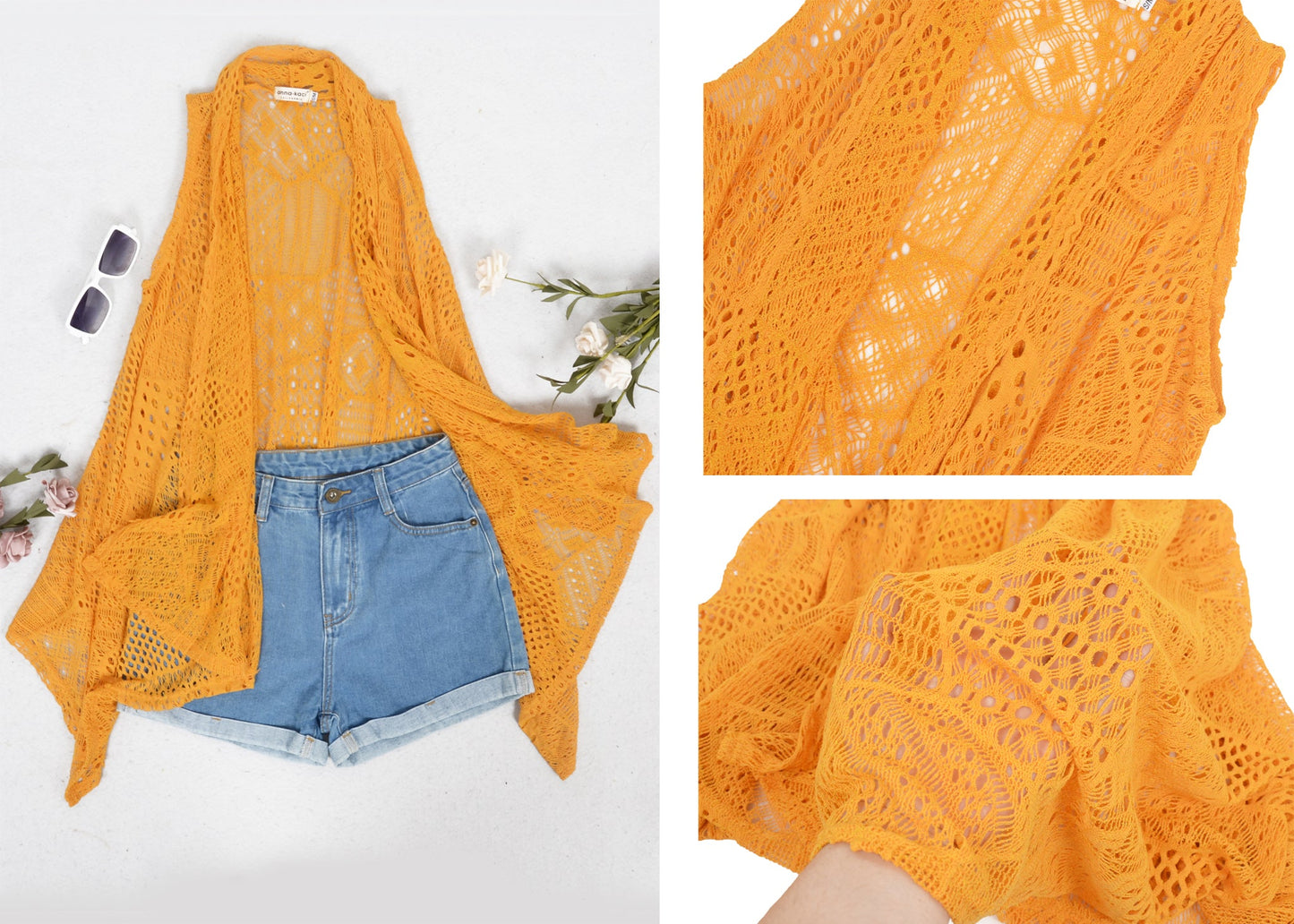 Plus Size Boho Open Front Crochet Cover Up Sleeveless Shawl Cardigan Vest, Yellow