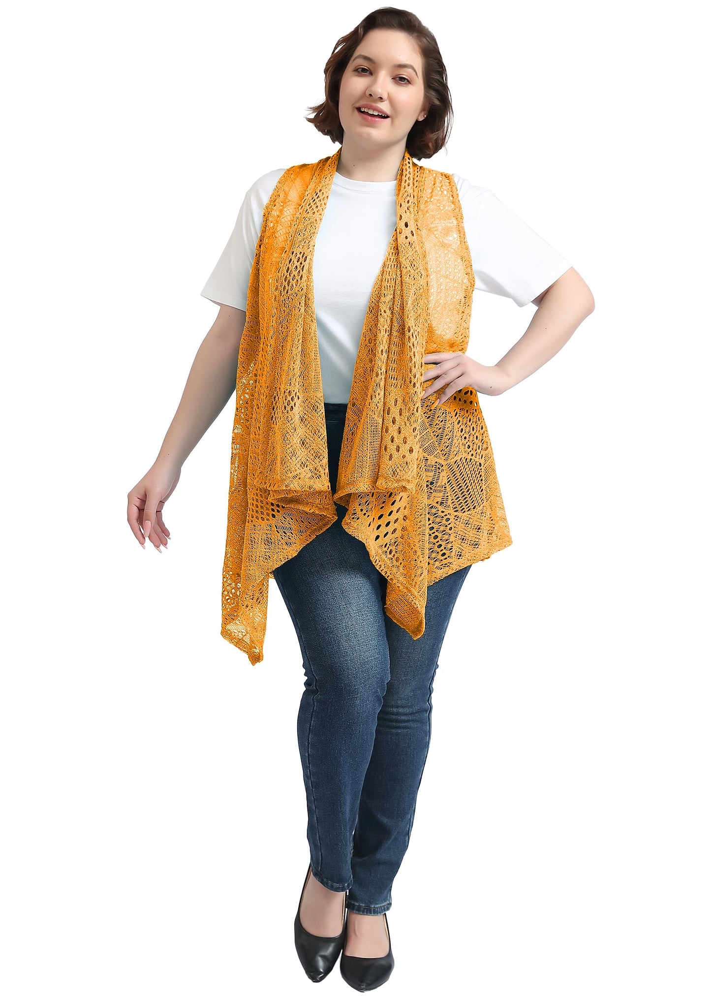 Plus Size Boho Open Front Crochet Cover Up Sleeveless Shawl Cardigan Vest, Yellow