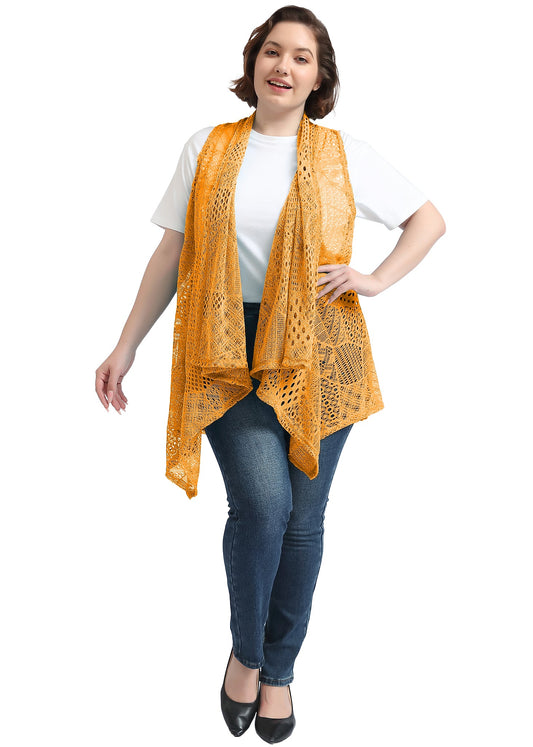Plus Size Boho Open Front Crochet Cover Up Sleeveless Shawl Cardigan Vest, Yellow