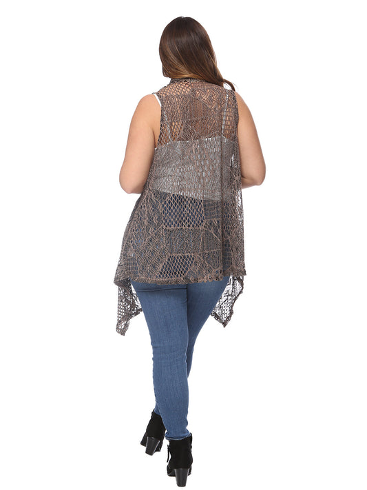 Plus Size Boho Open Front Crochet Cover Up Sleeveless Shawl Cardigan Vest, Brown
