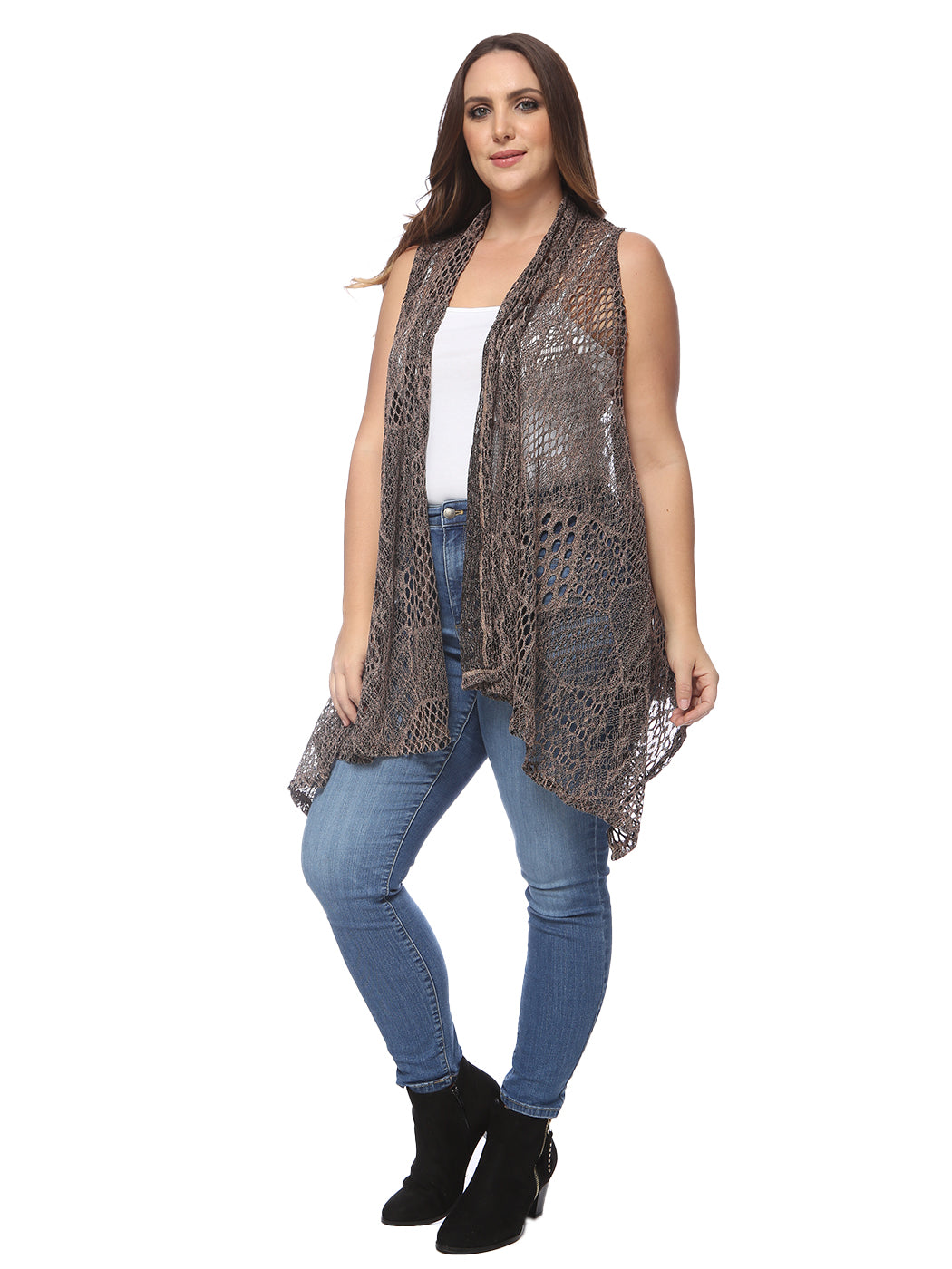 Plus Size Boho Open Front Crochet Cover Up Sleeveless Shawl Cardigan Vest, Brown