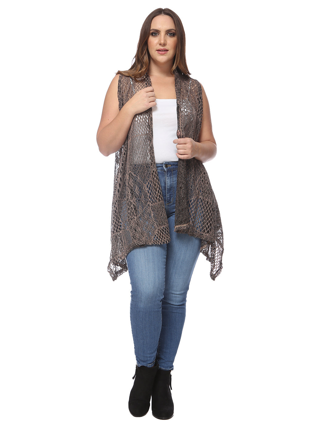 Plus Size Boho Open Front Crochet Cover Up Sleeveless Shawl Cardigan Vest, Brown