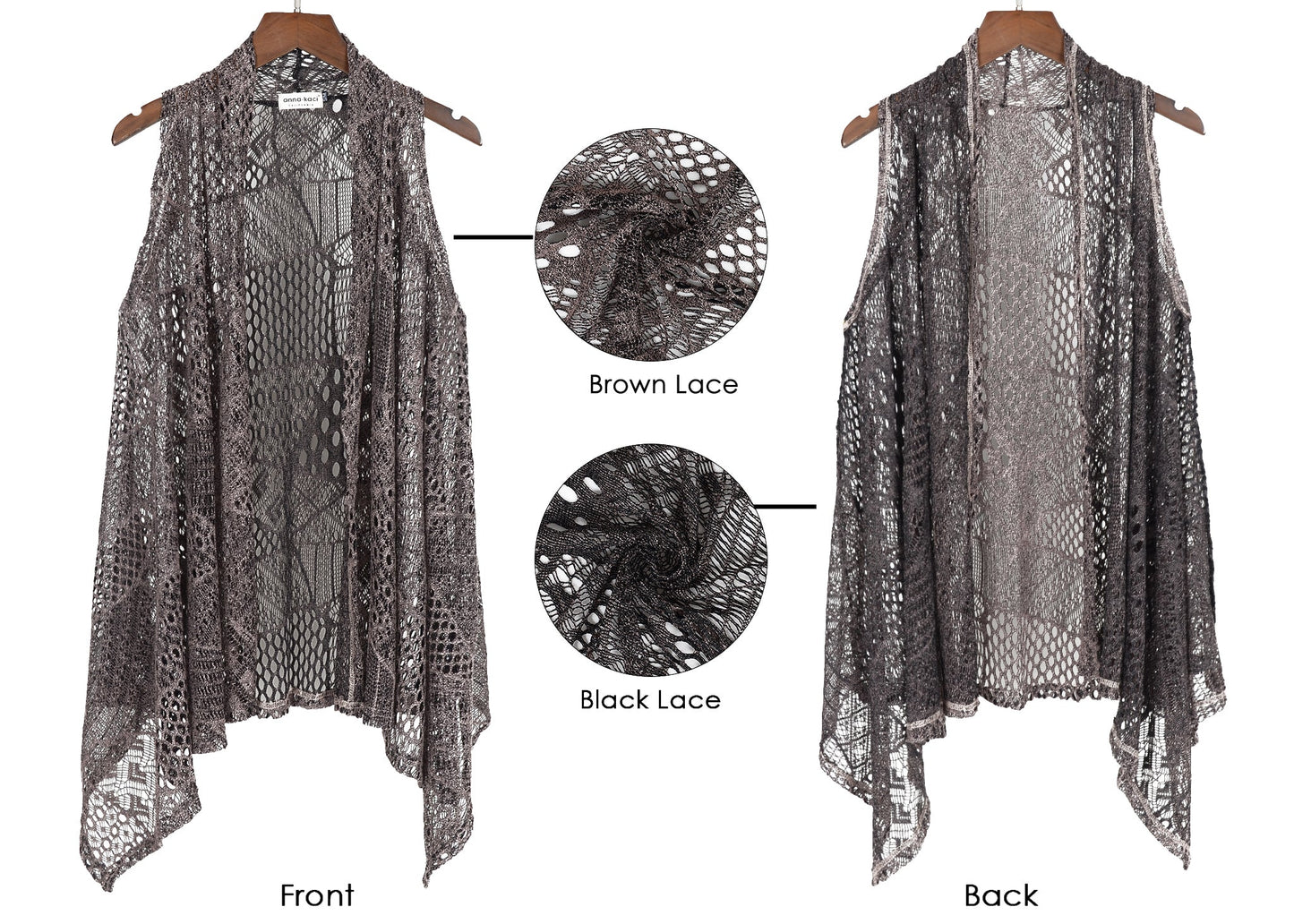 Plus Size Boho Open Front Crochet Cover Up Sleeveless Shawl Cardigan Vest, Brown