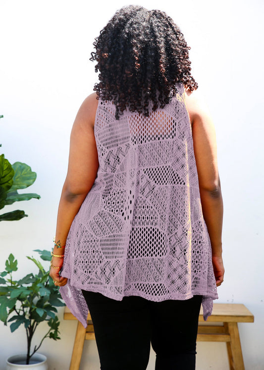 Plus Size Boho Open Front Crochet Cover Up Sleeveless Shawl Cardigan Vest, Lavender