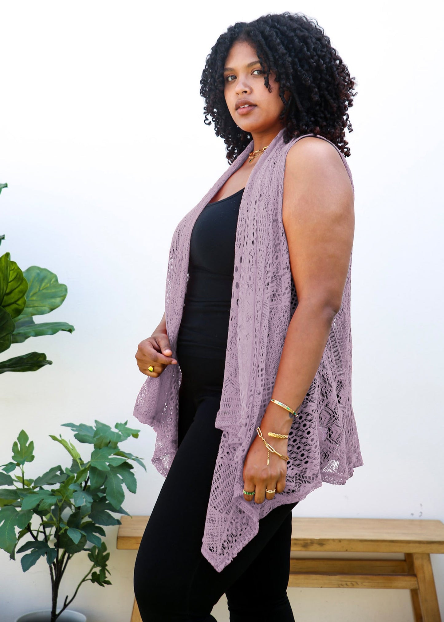 Plus Size Boho Open Front Crochet Cover Up Sleeveless Shawl Cardigan Vest, Lavender