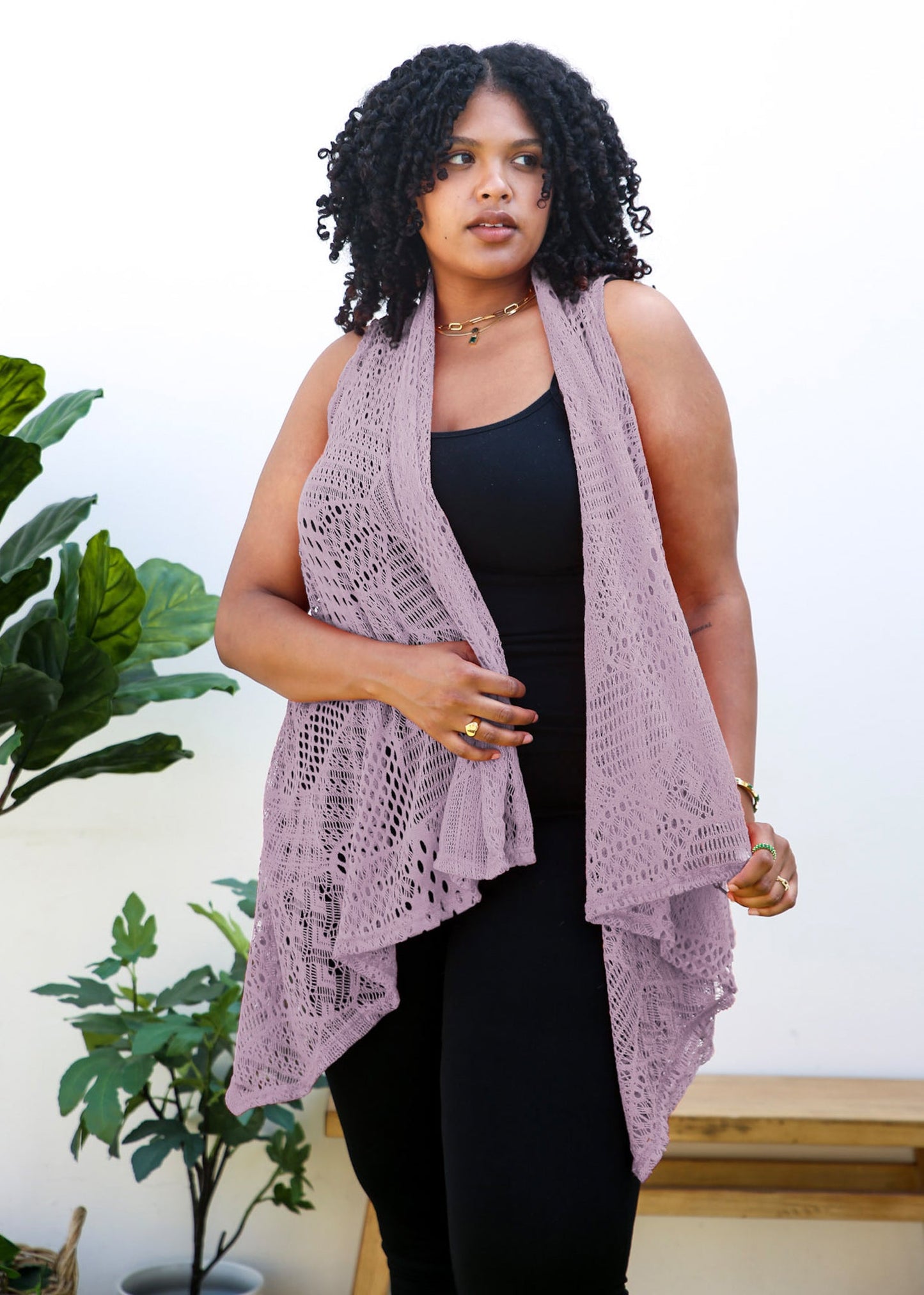 Plus Size Boho Open Front Crochet Cover Up Sleeveless Shawl Cardigan Vest, Lavender