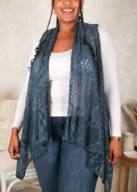 Plus Size Boho Open Front Crochet Cover Up Sleeveless Shawl Cardigan Vest, Navy