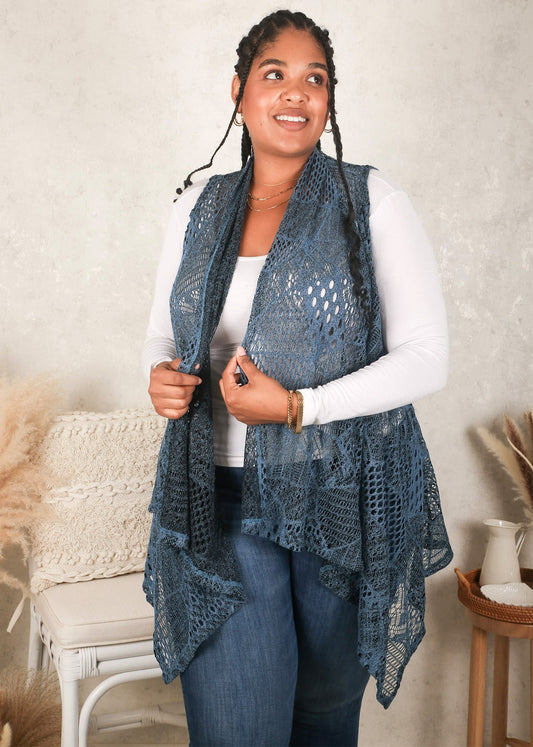 Plus Size Boho Open Front Crochet Cover Up Sleeveless Shawl Cardigan Vest, Navy