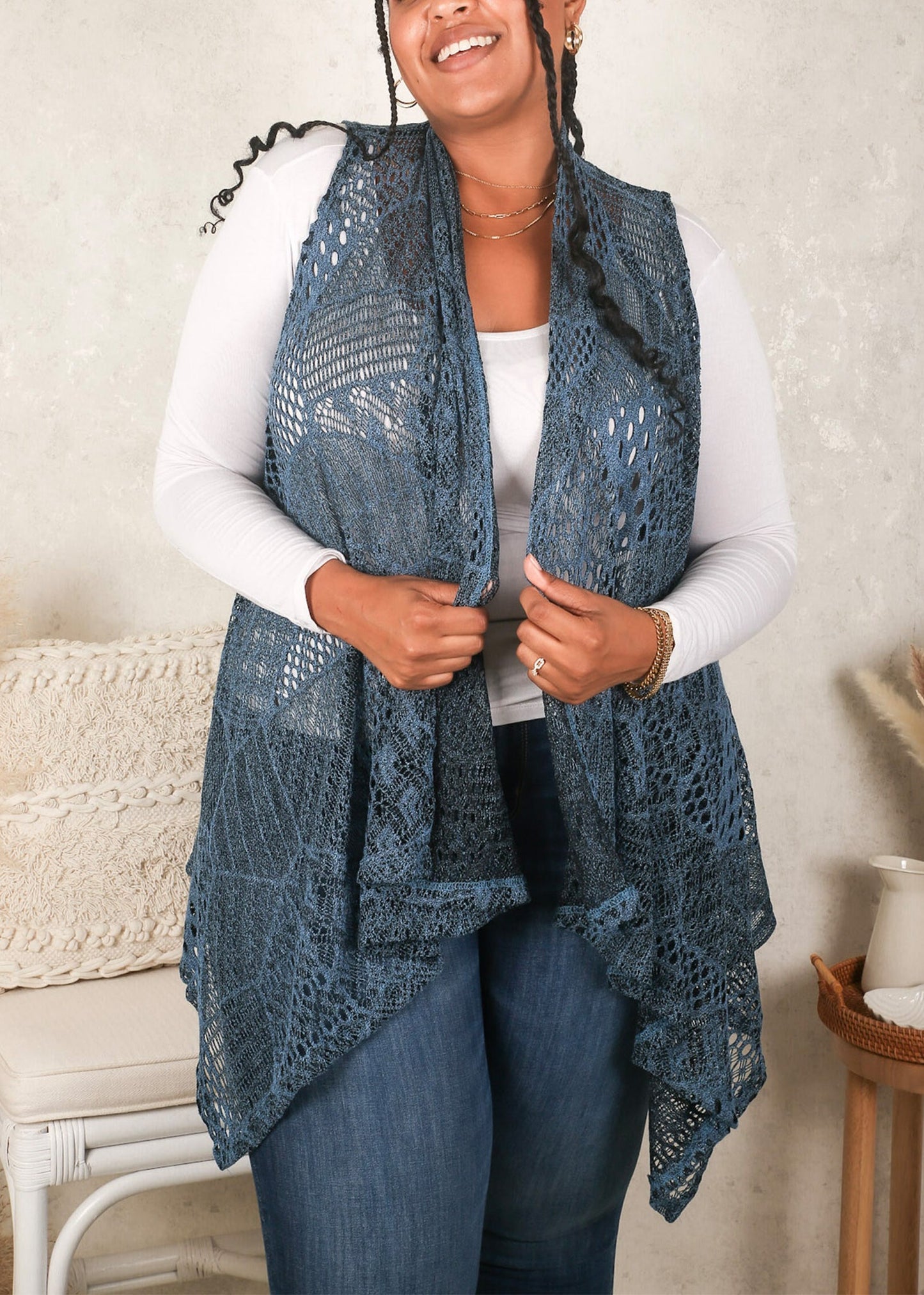 Plus Size Boho Open Front Crochet Cover Up Sleeveless Shawl Cardigan Vest, Navy