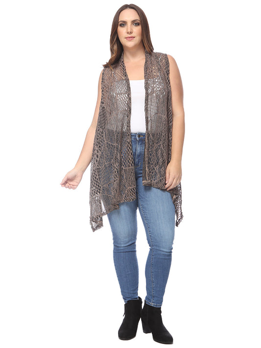 Plus Size Boho Open Front Crochet Cover Up Sleeveless Shawl Cardigan Vest, Brown