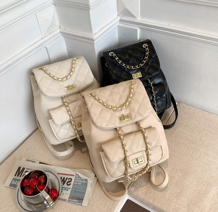 Large Quilted Backpack with Gold Chains and Clasps