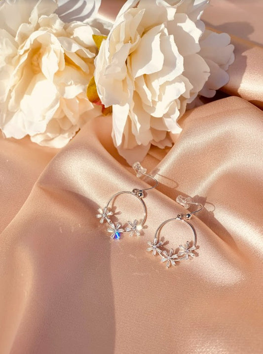 Silver Dangle Round Floral Crystal Earring