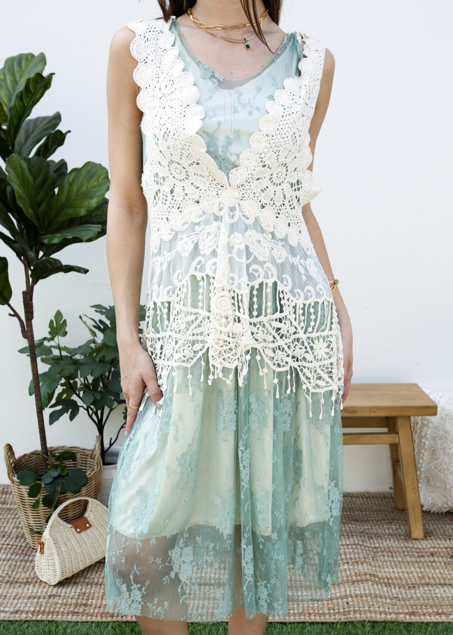 Gatsby Crochet Vest Lace Dress Set