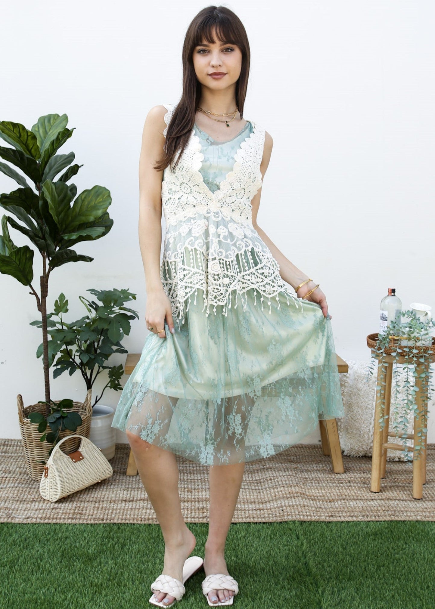 Gatsby Crochet Vest Lace Dress Set