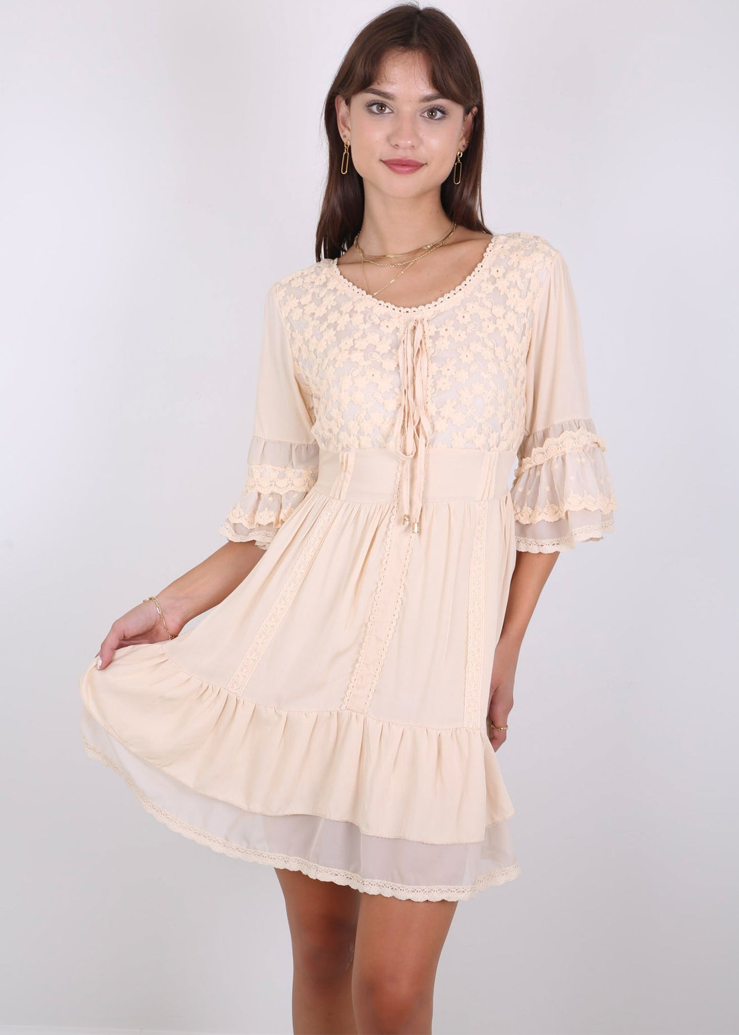 Boho Peasant Floral Lace Ruffle Hem Bell Sleeve Mini Dress