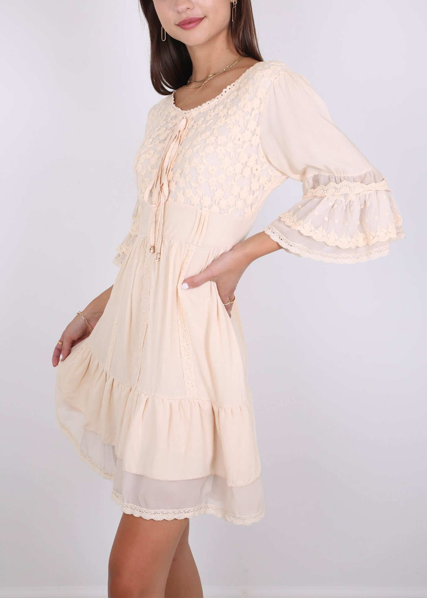 Boho Peasant Floral Lace Ruffle Hem Bell Sleeve Mini Dress