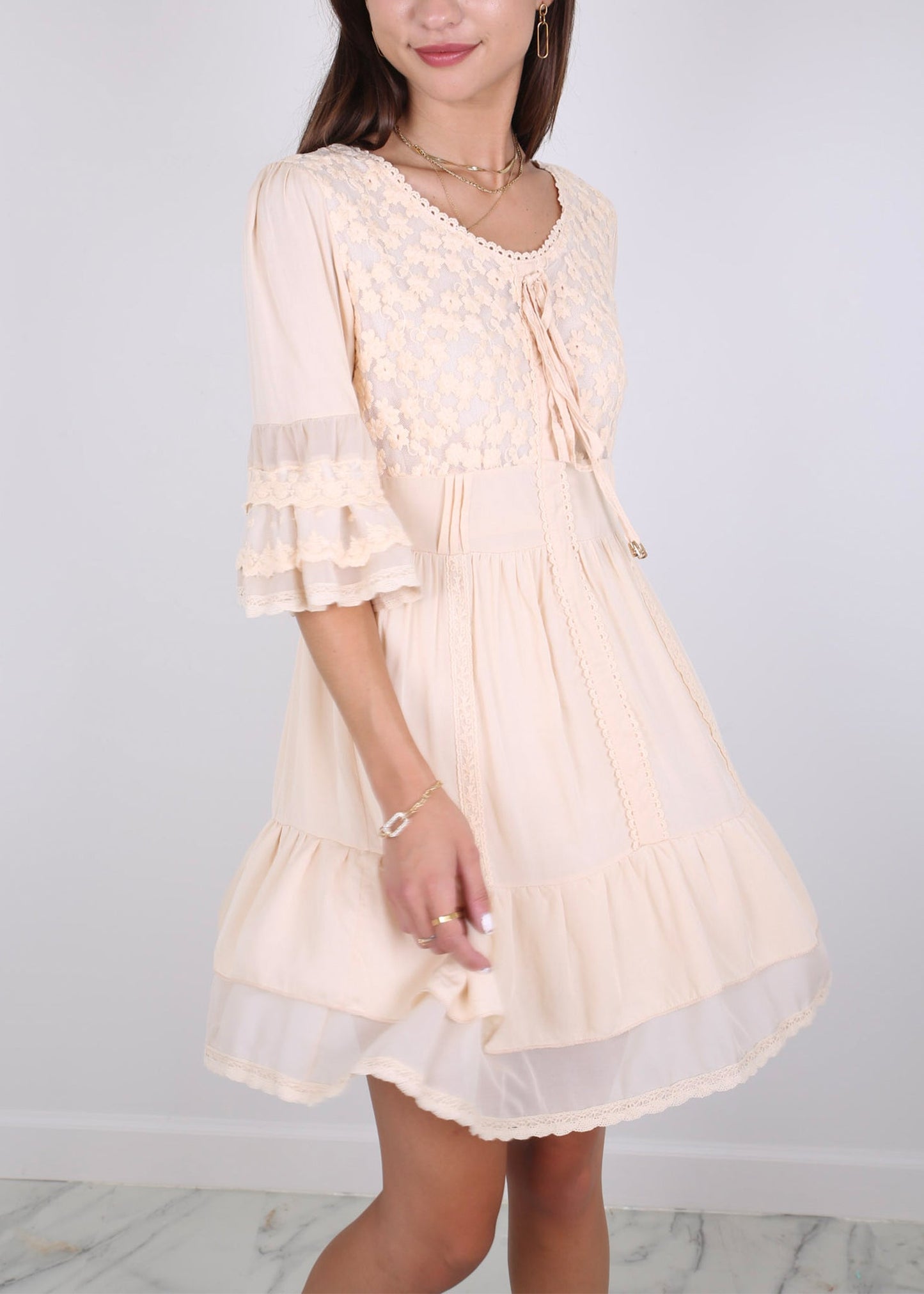 Boho Peasant Floral Lace Ruffle Hem Bell Sleeve Mini Dress
