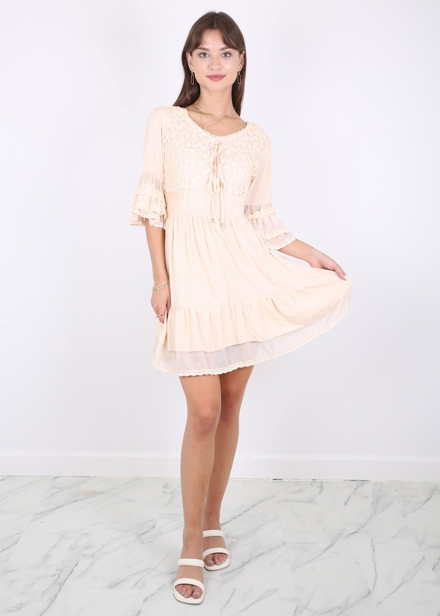 Boho Peasant Floral Lace Ruffle Hem Bell Sleeve Mini Dress