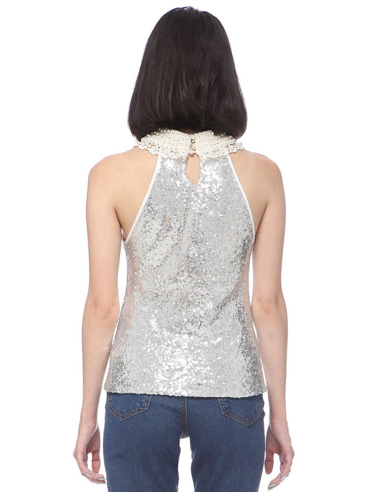 Pearl Embroidered Collar Sequin Halter Top