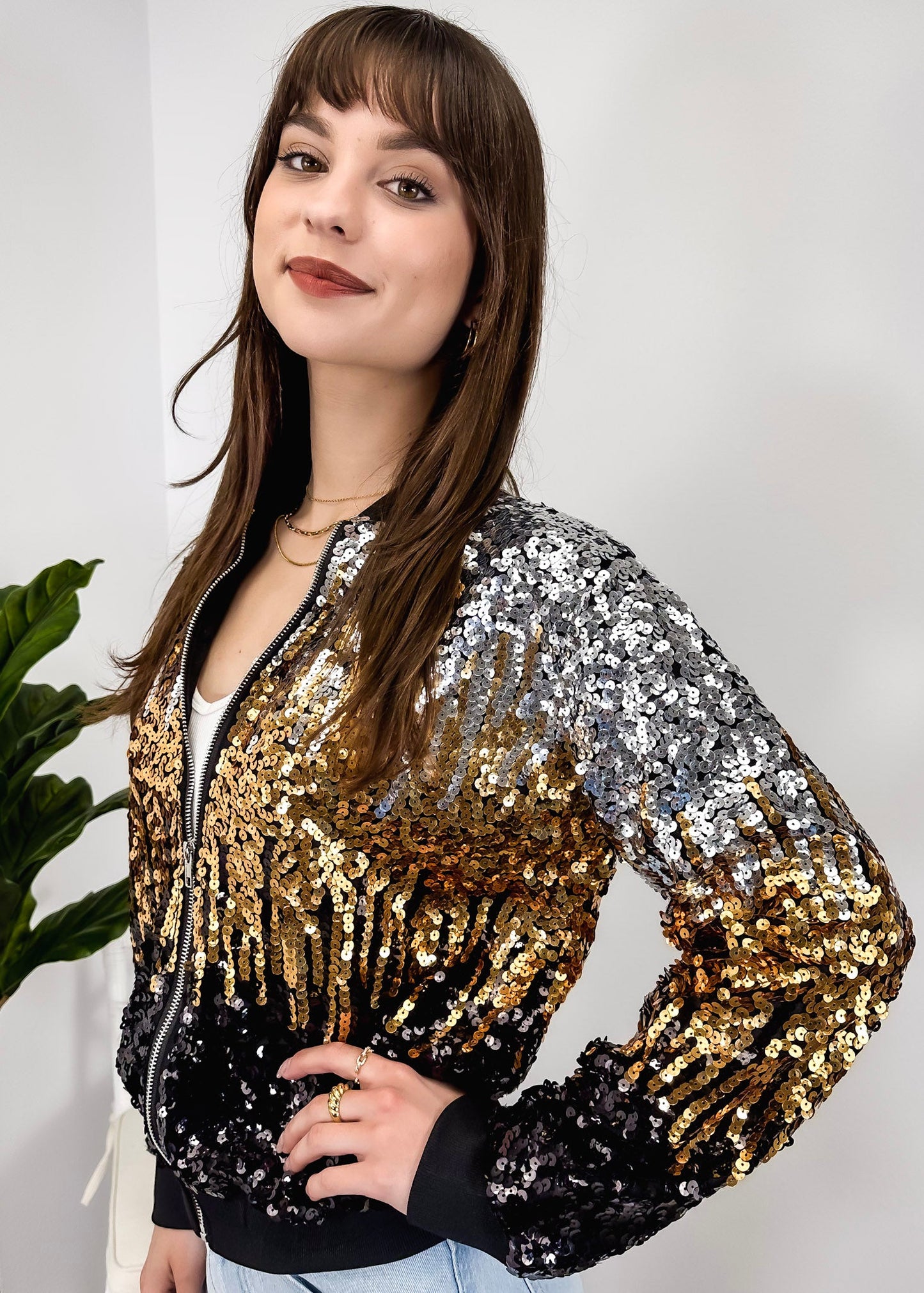 Sequin Bomber Zip-Up Jacket
