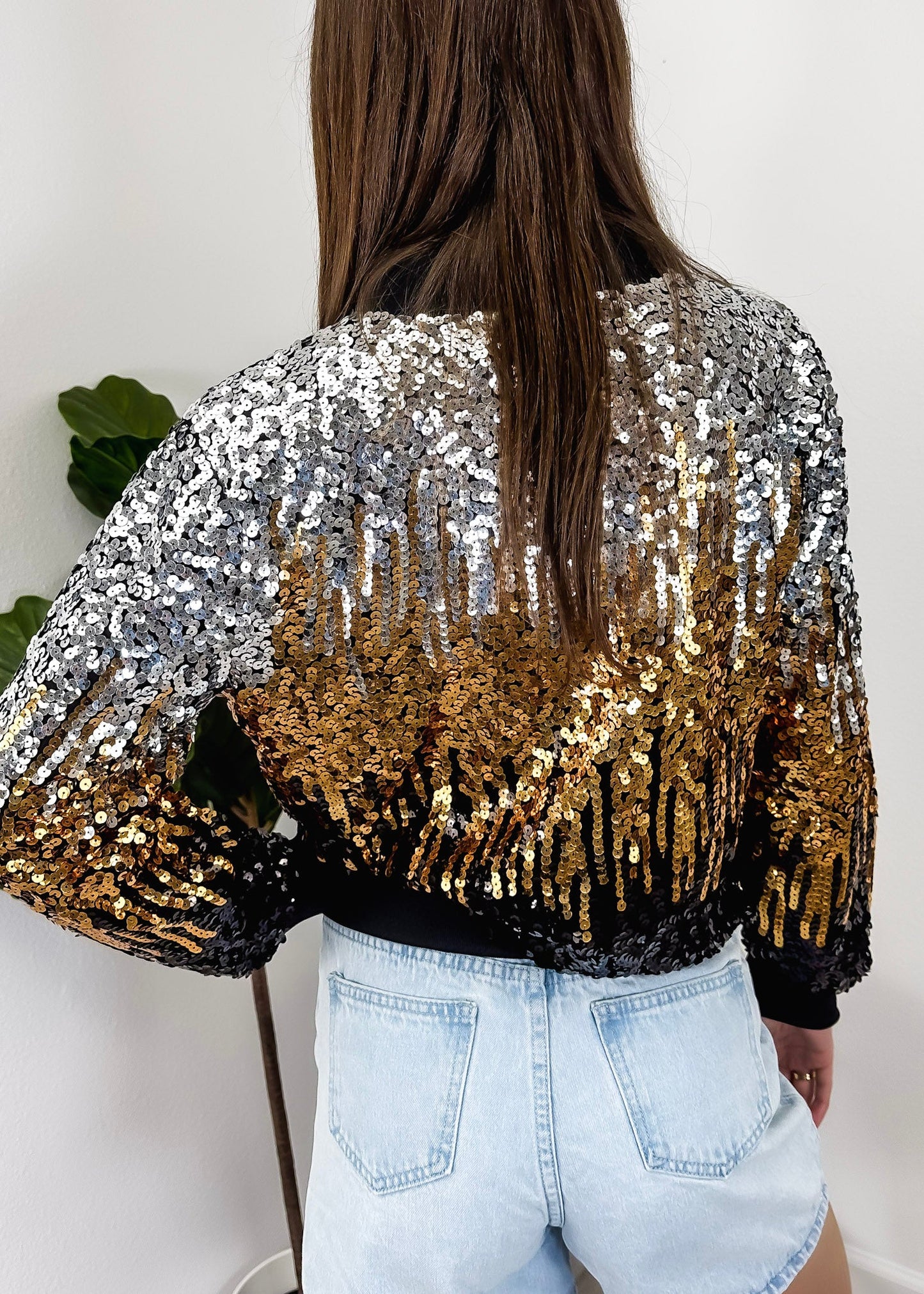 Sequin Bomber Zip-Up Jacket