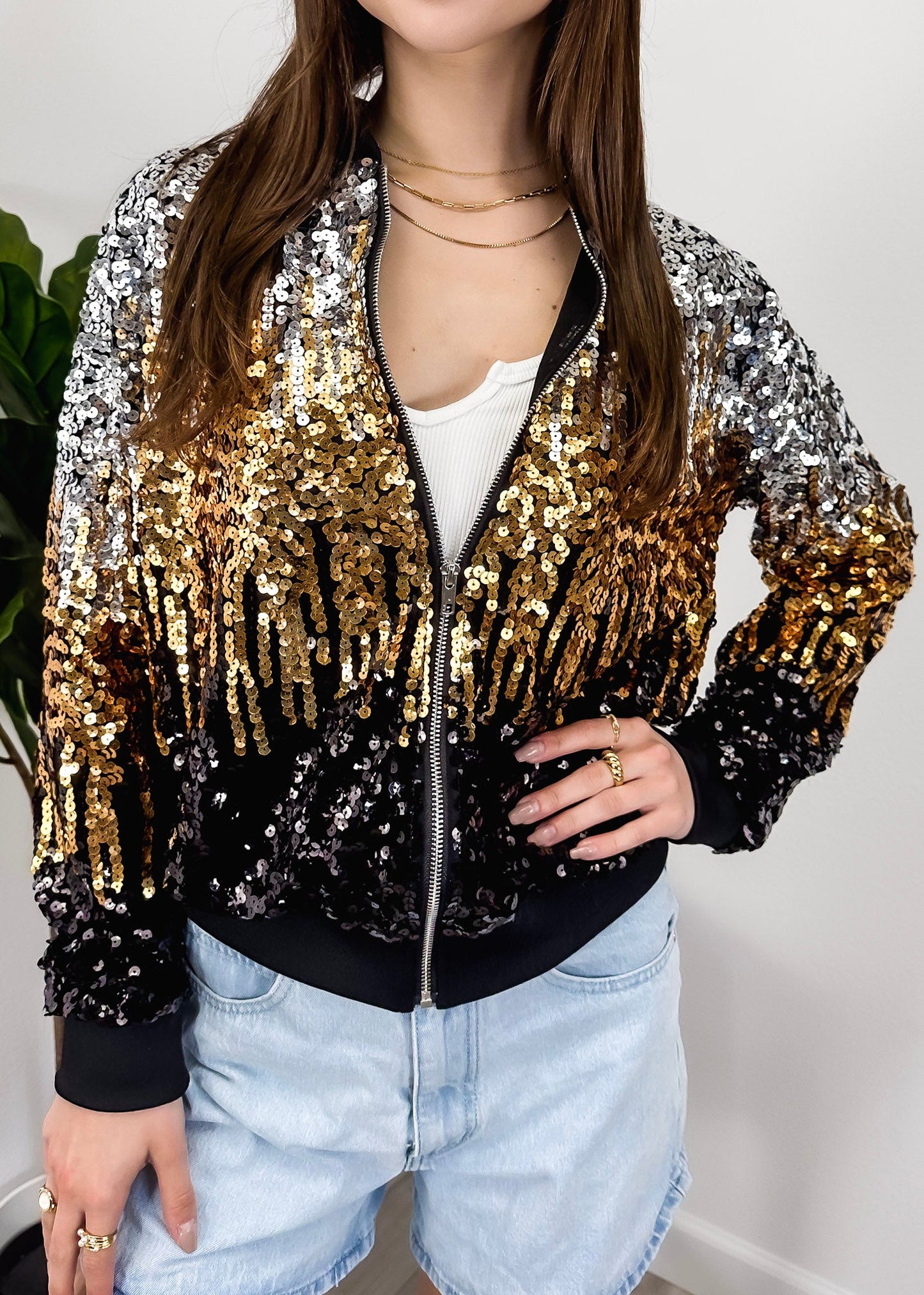 Sequin Bomber Zip-Up Jacket