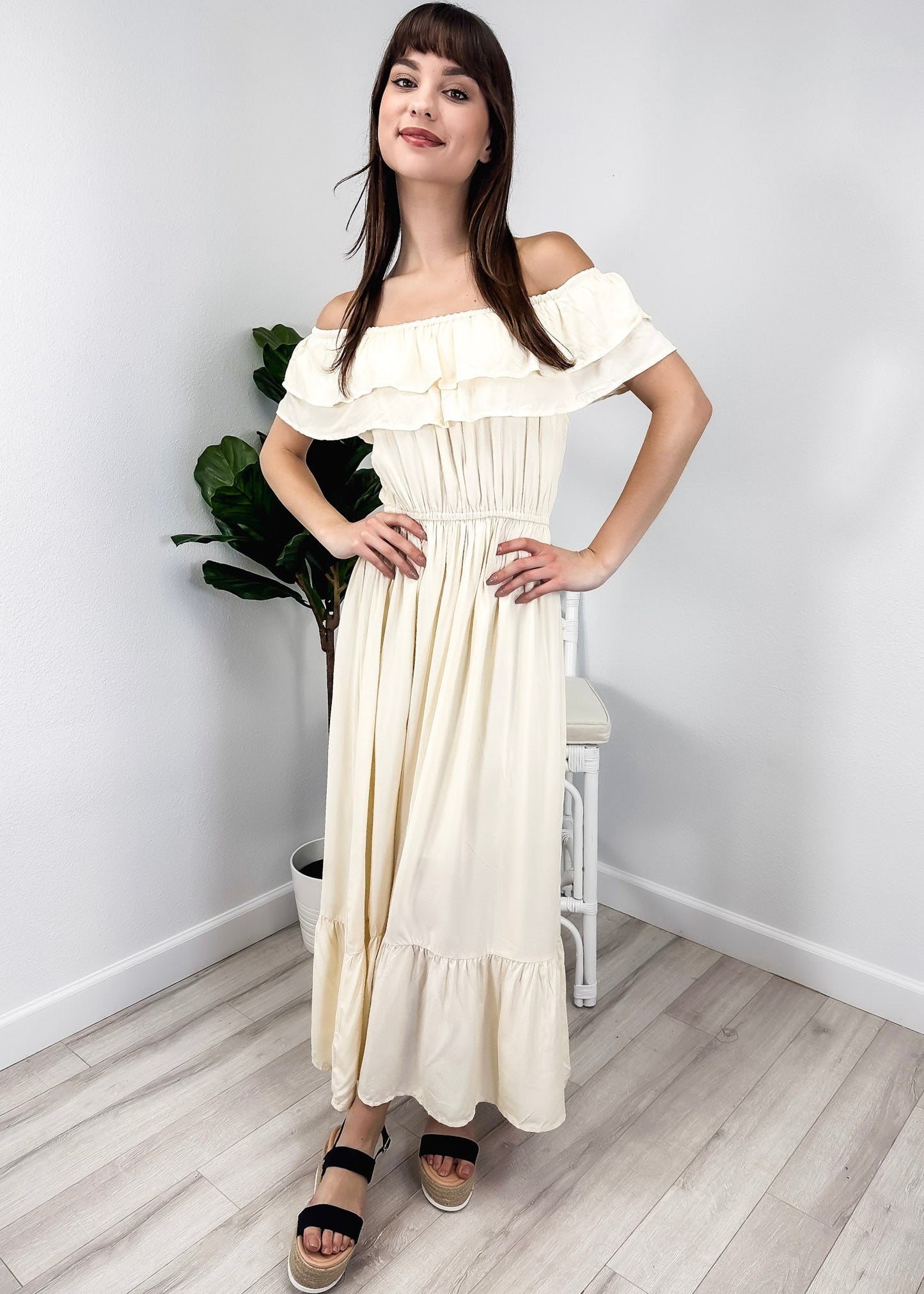 Grecian Ruffle Stretch Maxi Long Dress