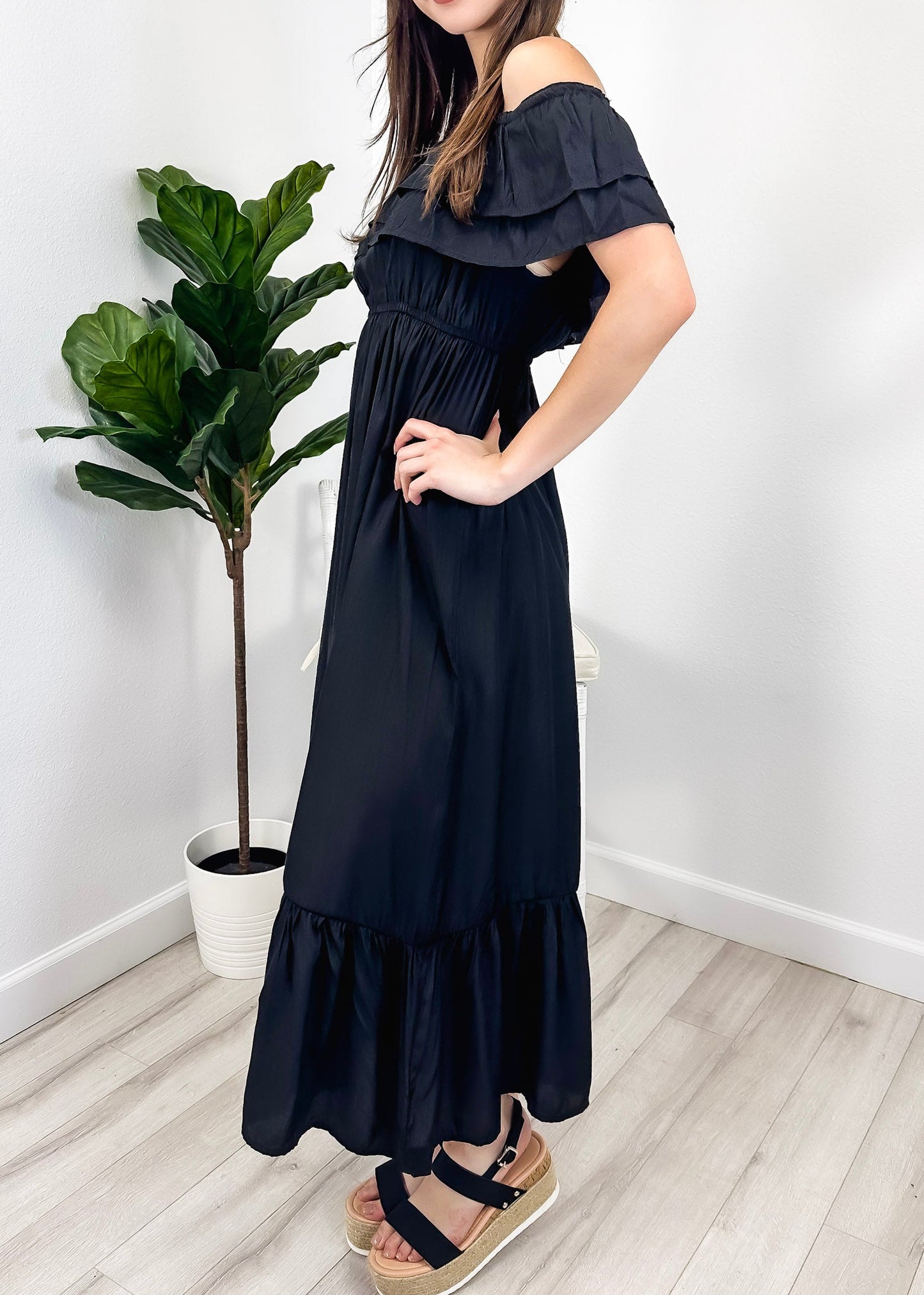 Grecian Ruffle Stretch Maxi Long Dress