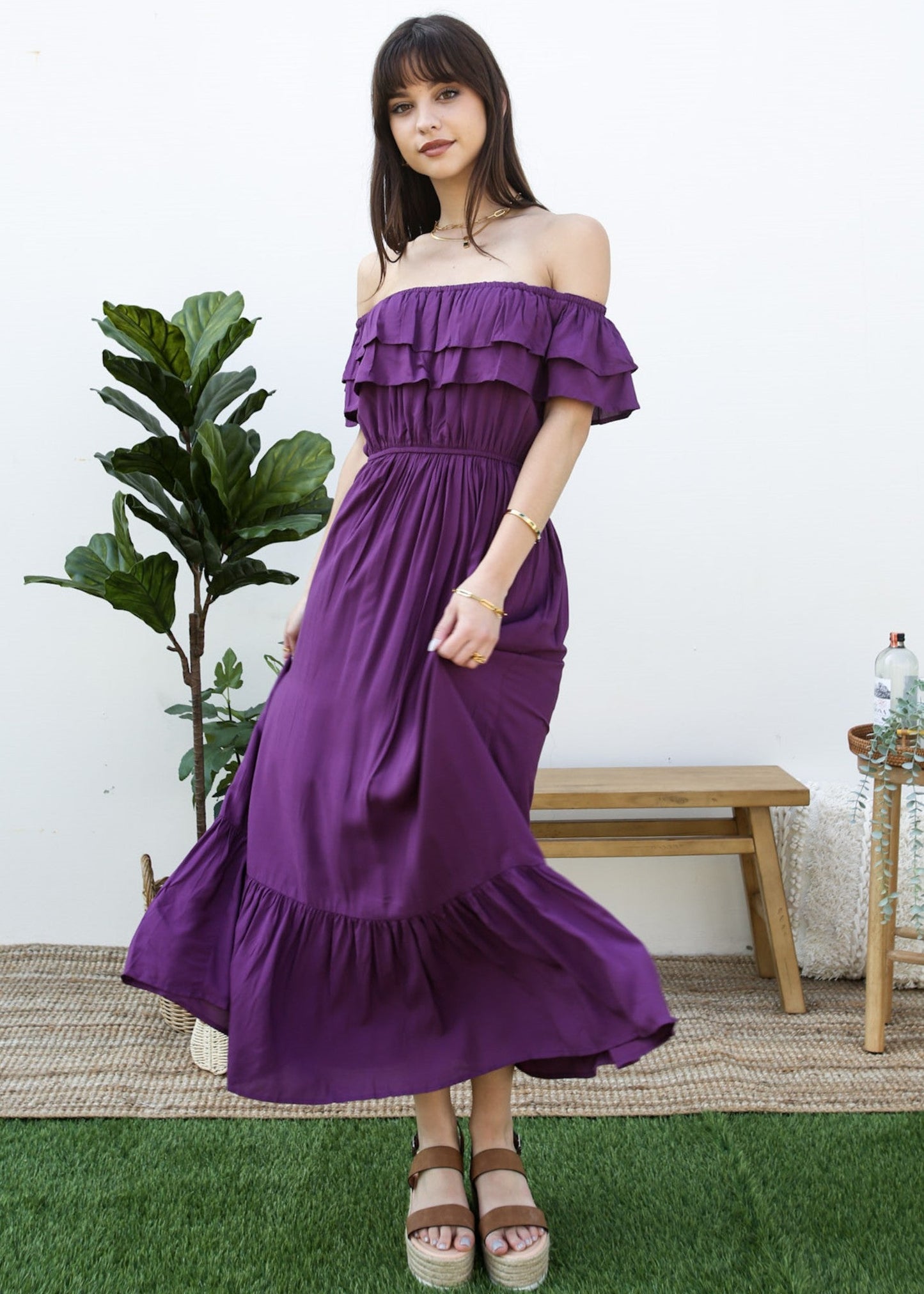 Grecian Ruffle Stretch Maxi Long Dress