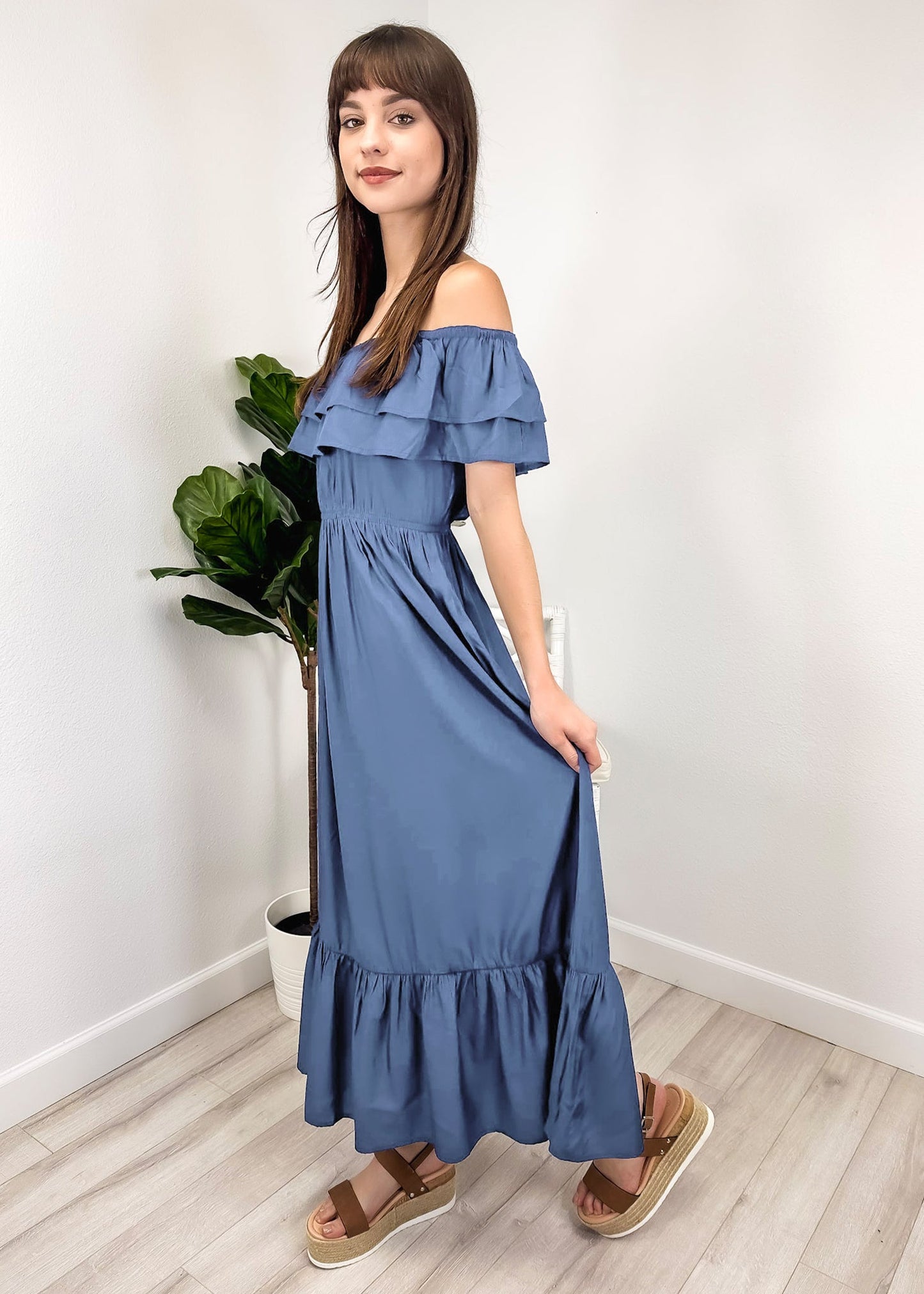 Grecian Ruffle Stretch Maxi Long Dress