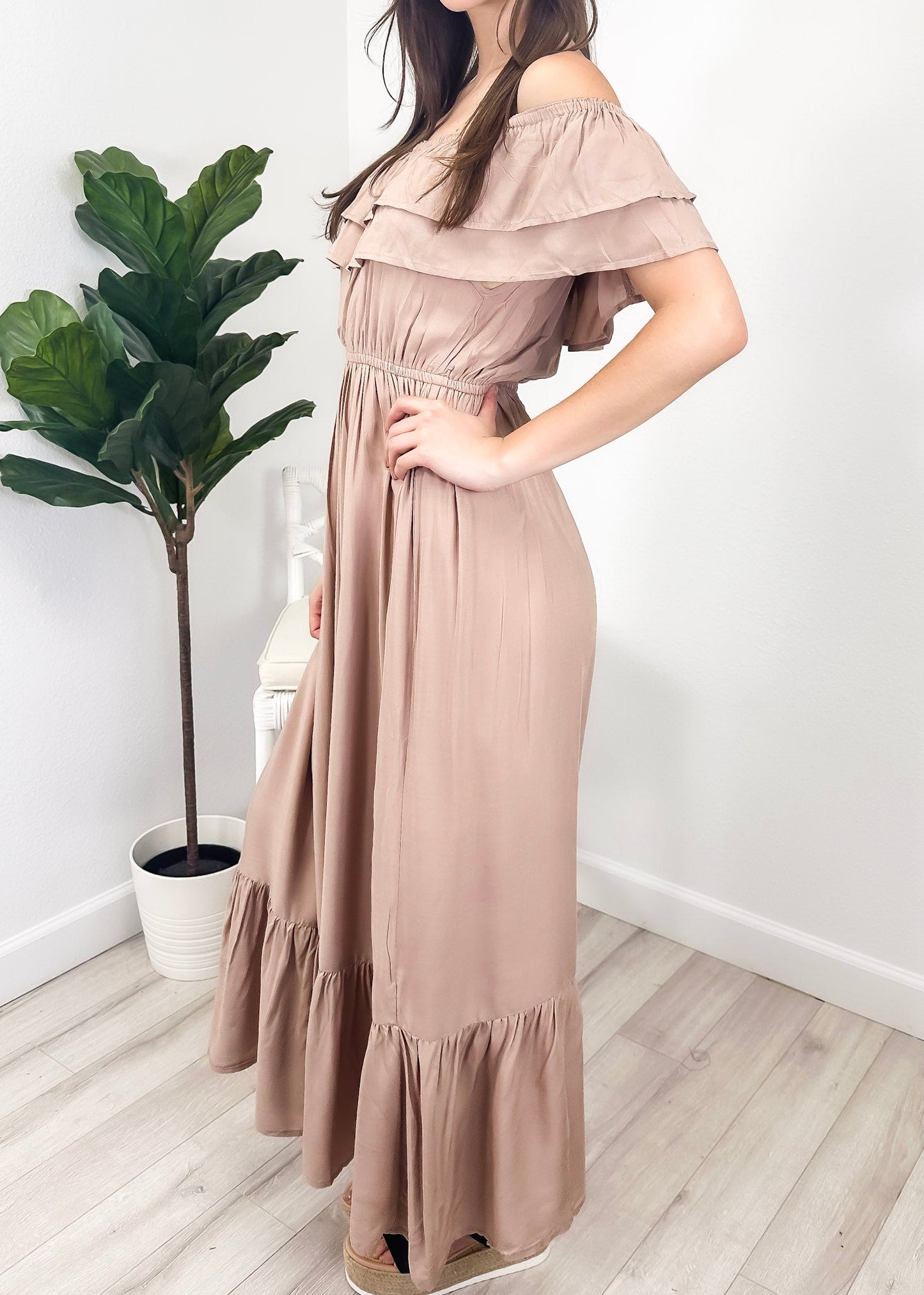 Grecian Ruffle Stretch Maxi Long Dress