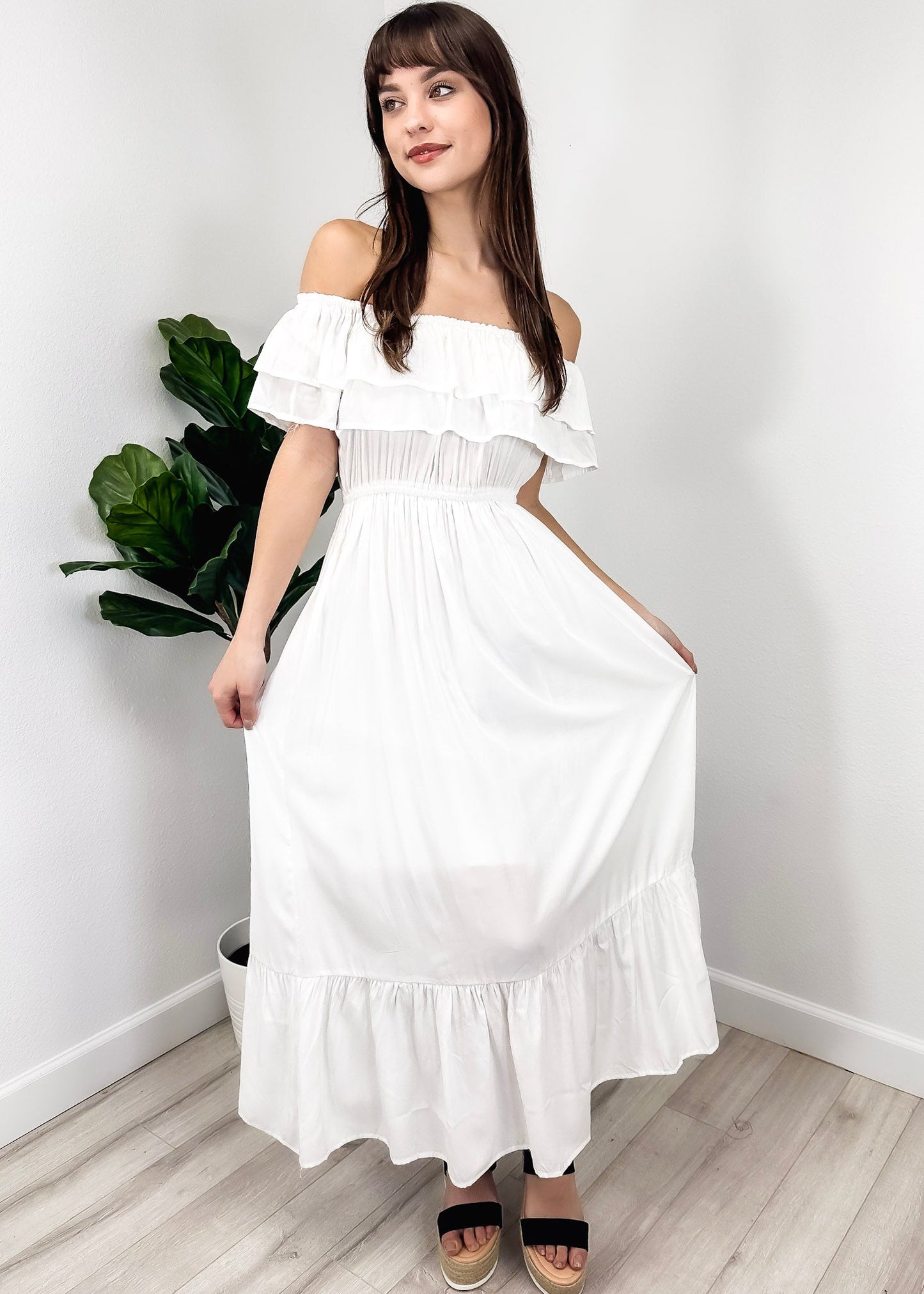 Grecian Ruffle Stretch Maxi Long Dress