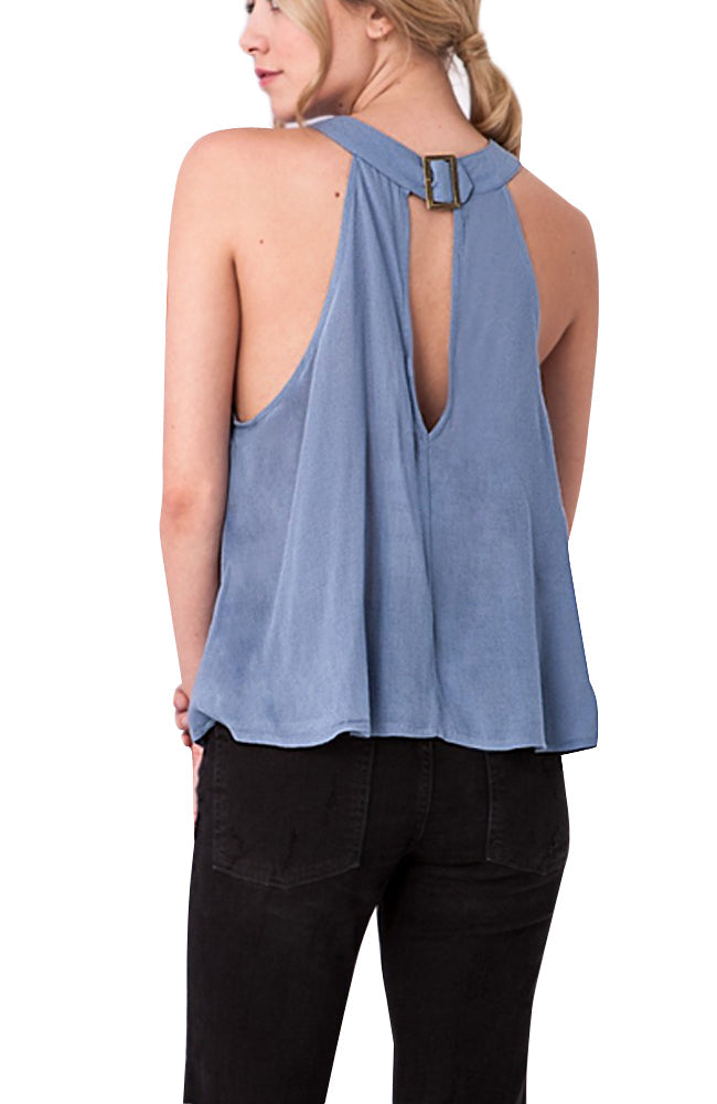 Sleeveless Halter Neck Top with Twist and Buckle
