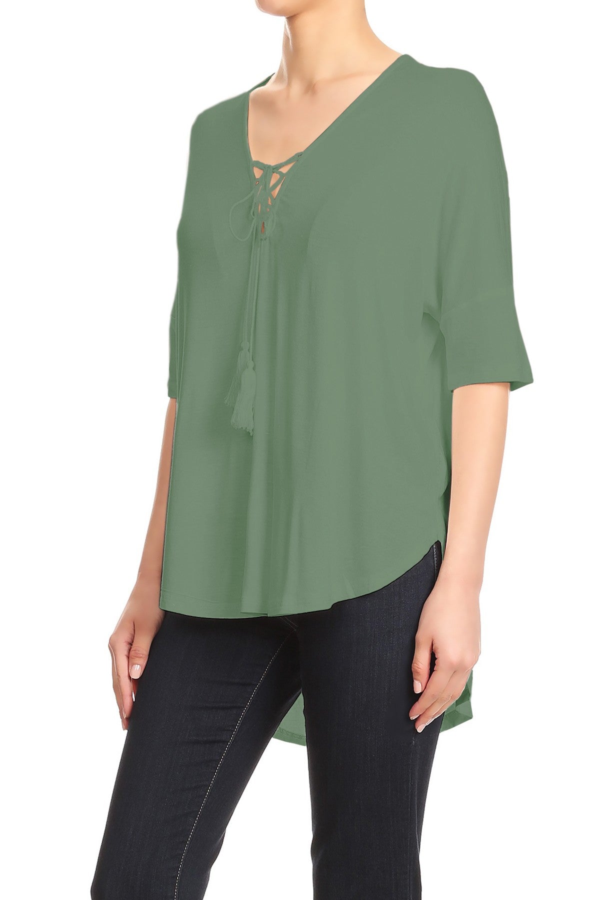 Womens Casual Lace Up V-Neck Loose Fit Top with Short Dolman Sleeves