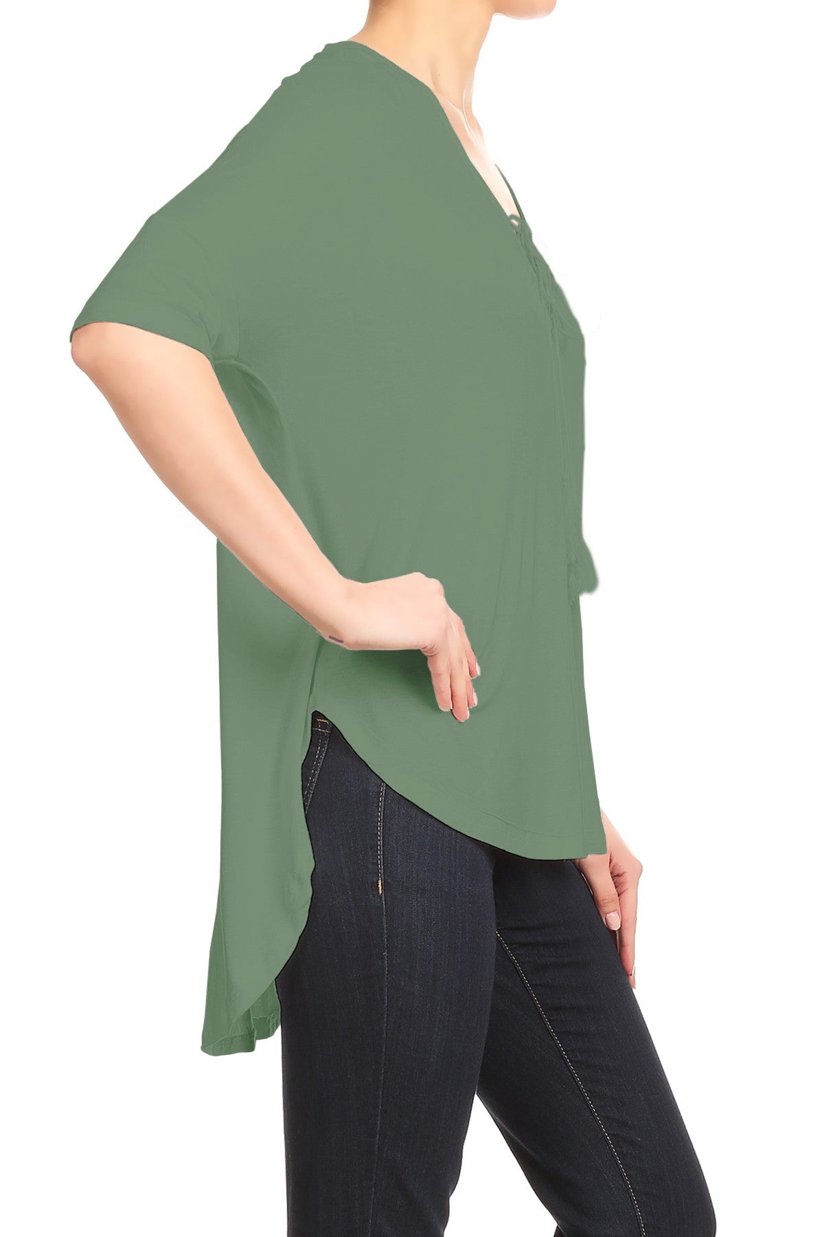 Womens Casual Lace Up V-Neck Loose Fit Top with Short Dolman Sleeves