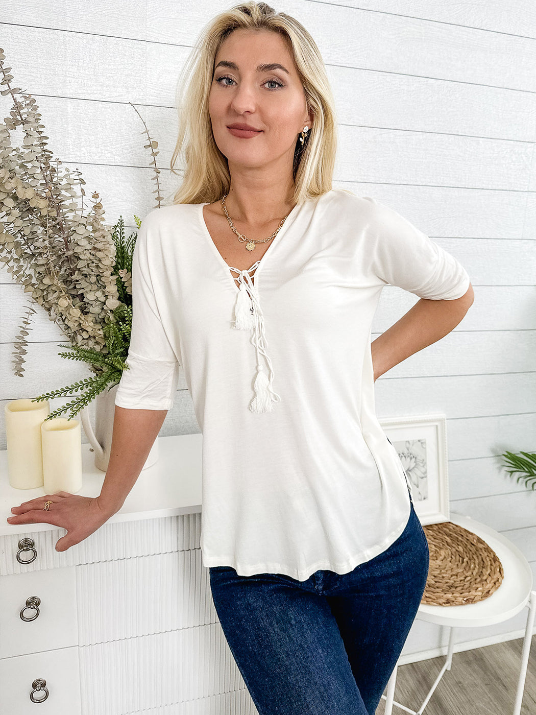 Womens Casual Lace Up V-Neck Loose Fit Top with Short Dolman Sleeves