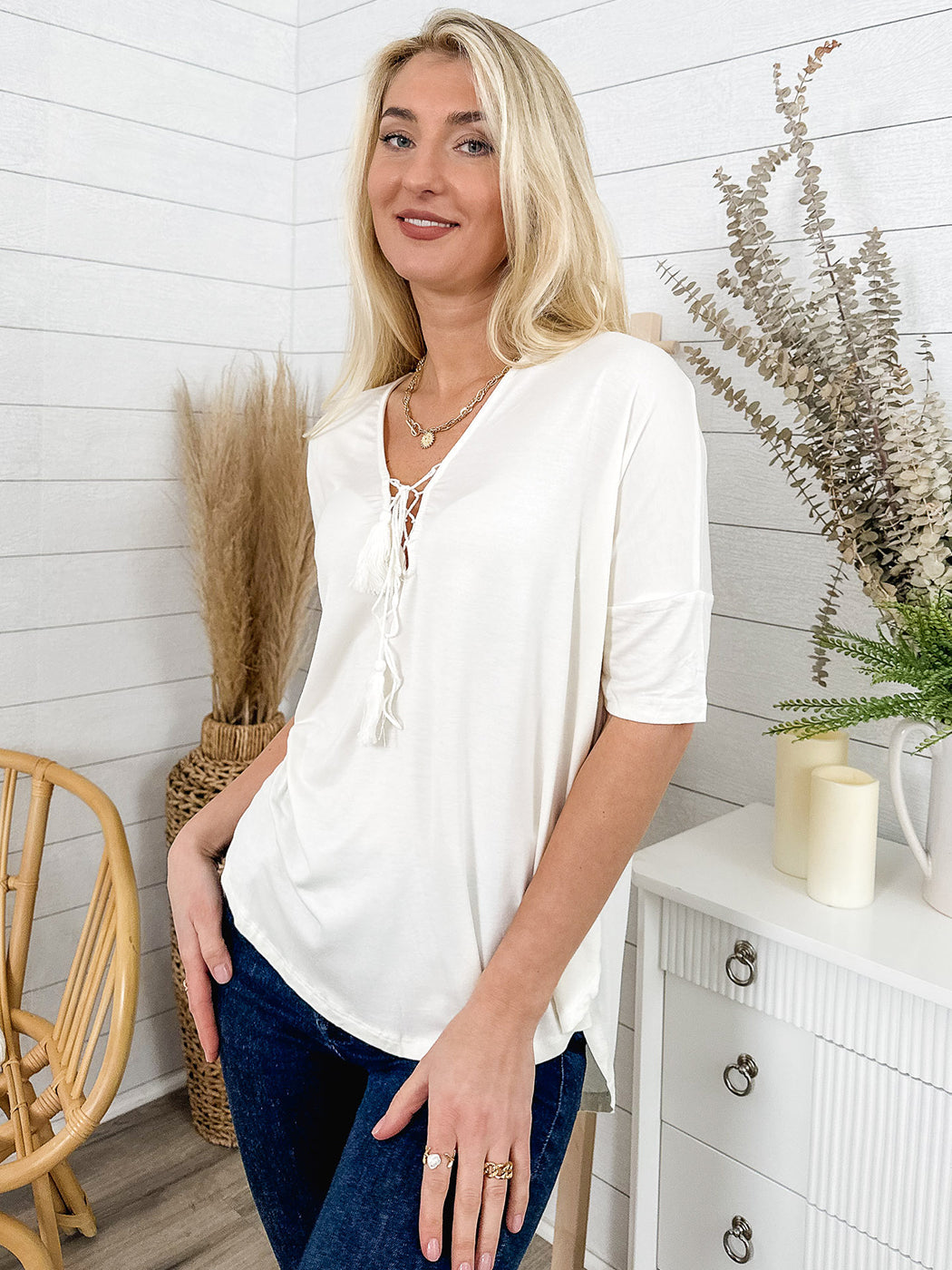 Womens Casual Lace Up V-Neck Loose Fit Top with Short Dolman Sleeves