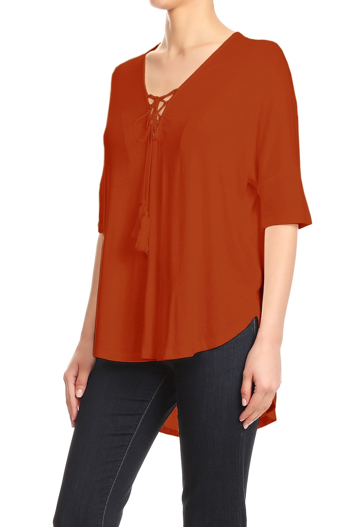 Womens Casual Lace Up V-Neck Loose Fit Top with Short Dolman Sleeves