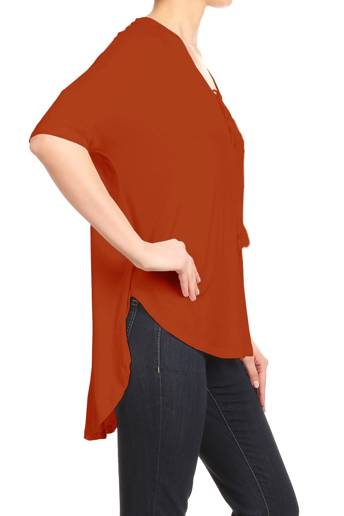 Womens Casual Lace Up V-Neck Loose Fit Top with Short Dolman Sleeves
