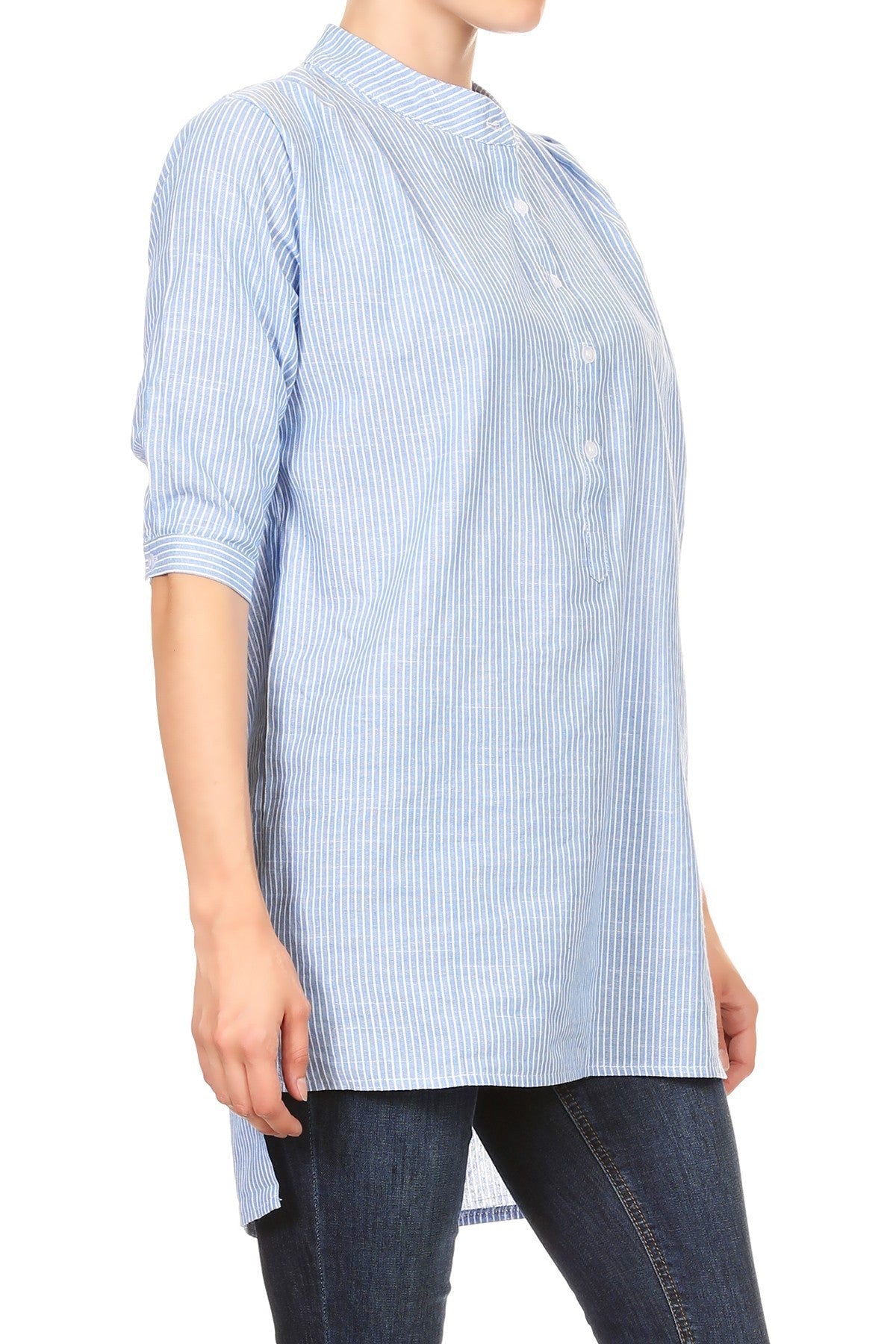 Womens Casual Woven Chambray Half Button up Long Stripe Shirt