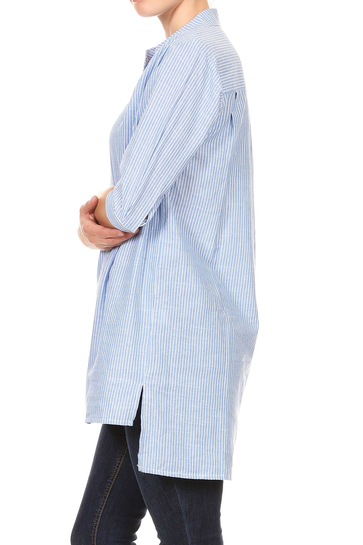 Womens Casual Woven Chambray Half Button up Long Stripe Shirt