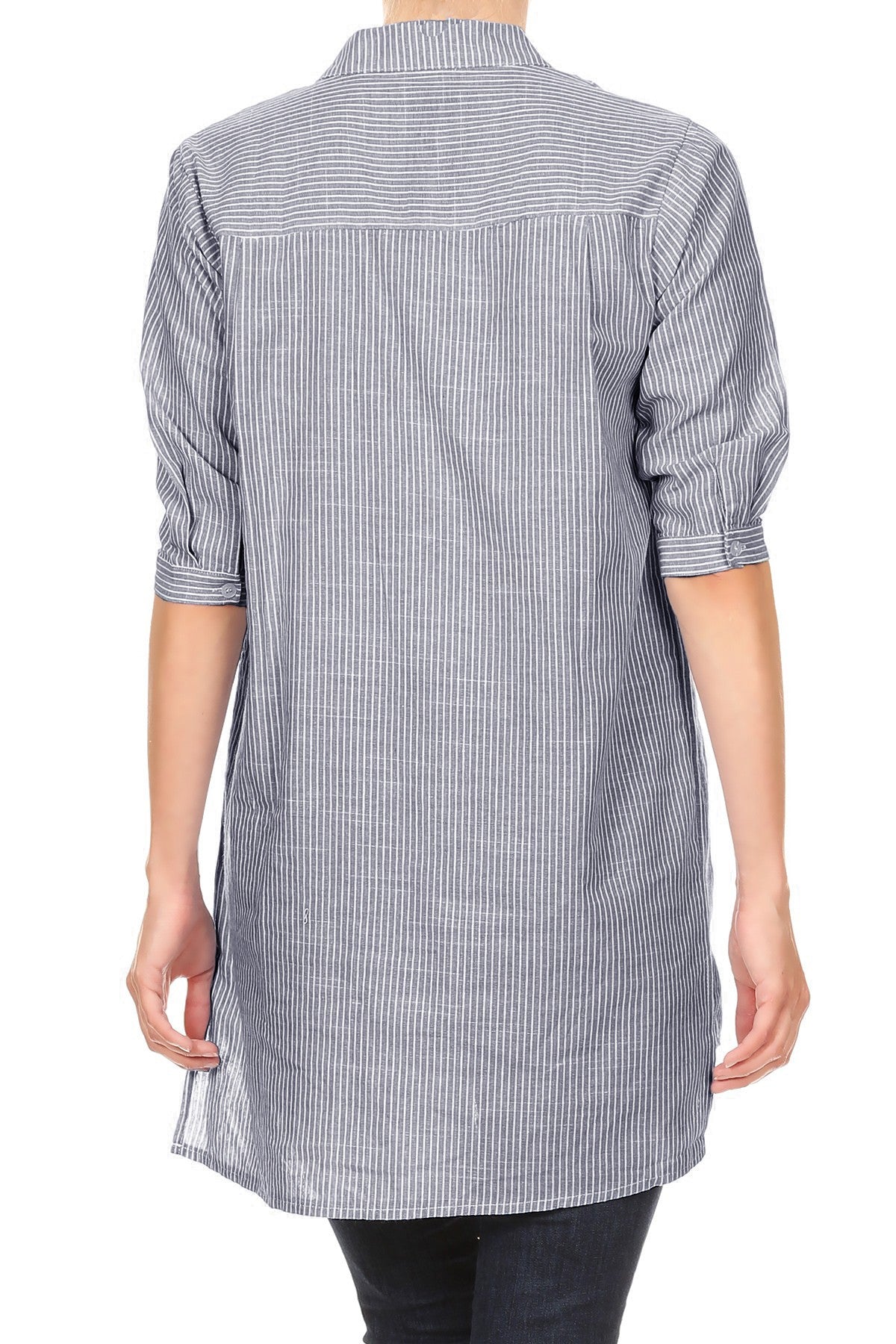 Womens Casual Woven Chambray Half Button up Long Stripe Shirt