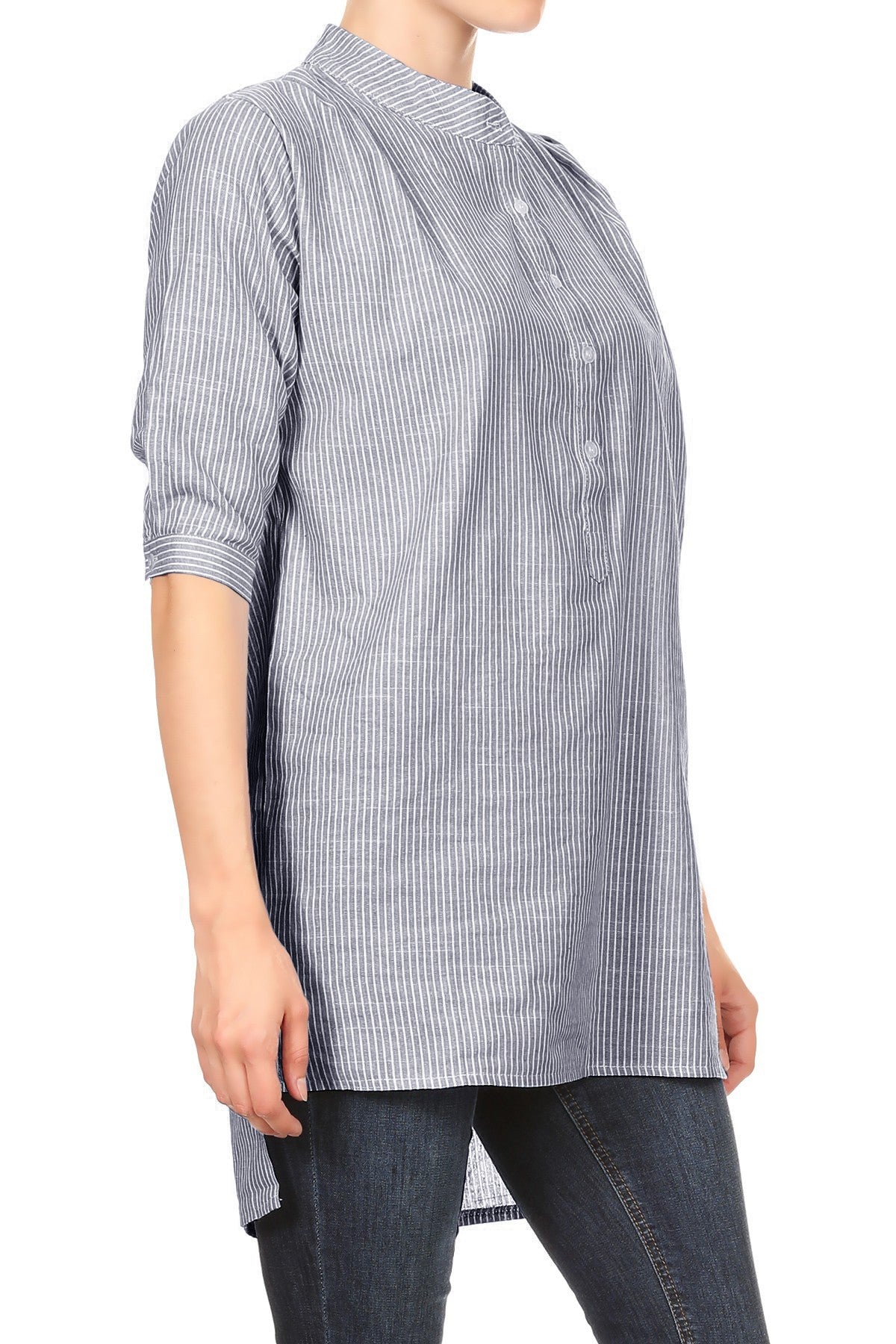 Womens Casual Woven Chambray Half Button up Long Stripe Shirt