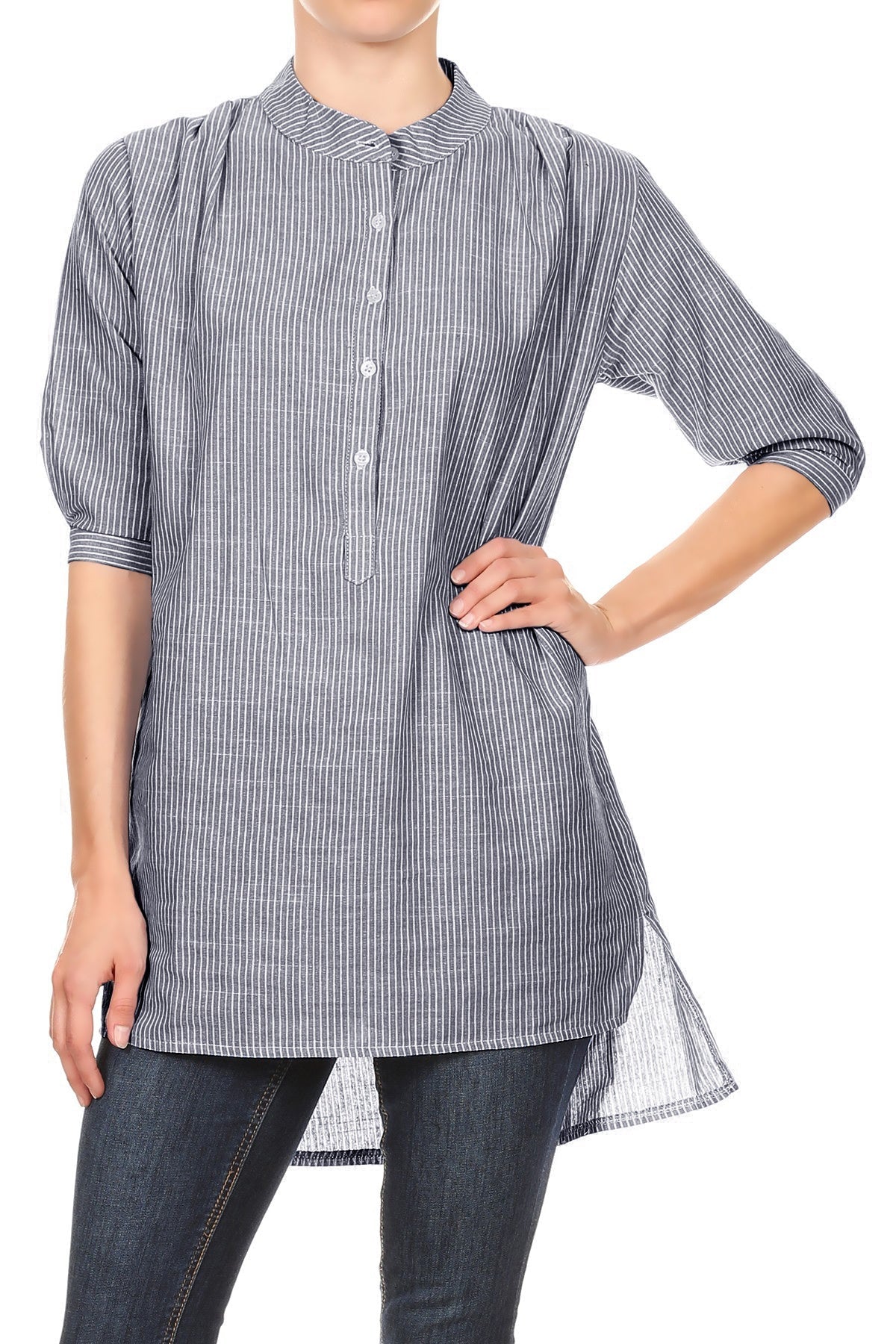 Womens Casual Woven Chambray Half Button up Long Stripe Shirt