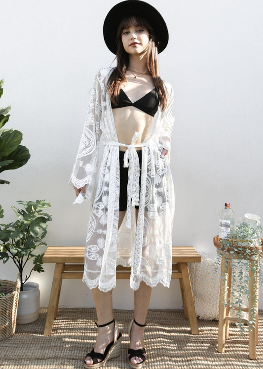Lace Embroidered Kimono Swimsuit Cover-Up