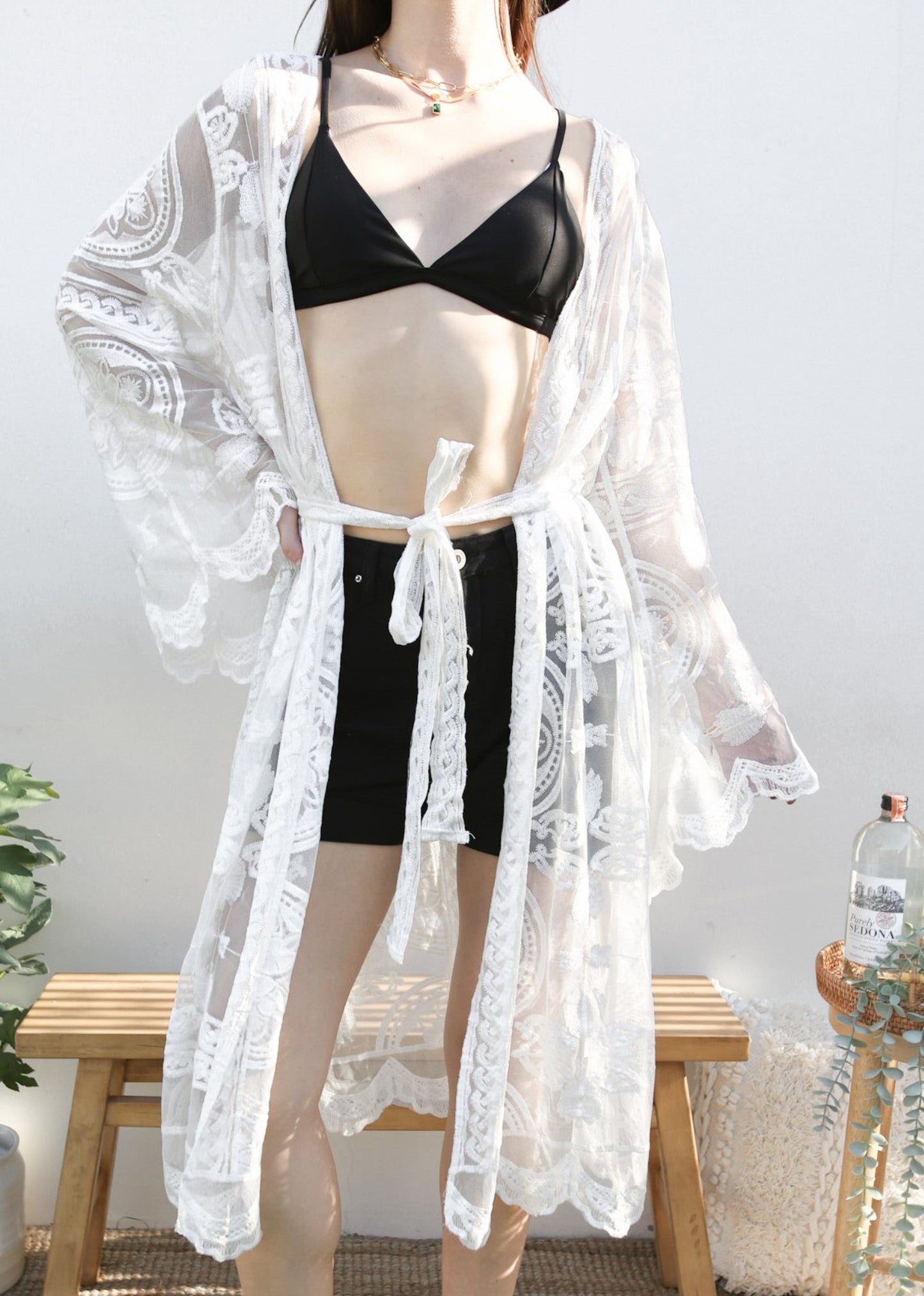 Lace Embroidered Kimono Swimsuit Cover-Up