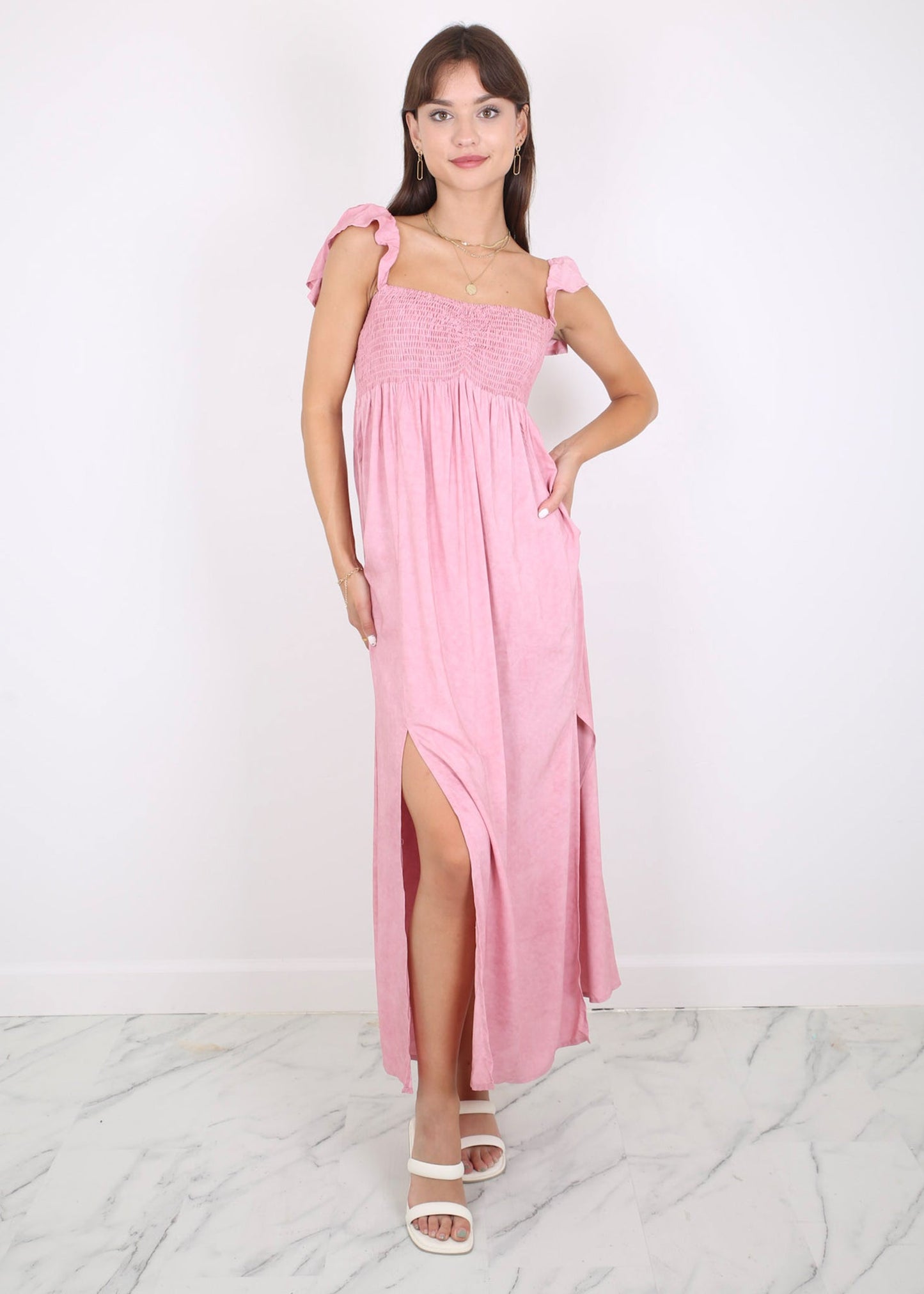 Ruffled Cap Sleeve Maxi Slit Dress