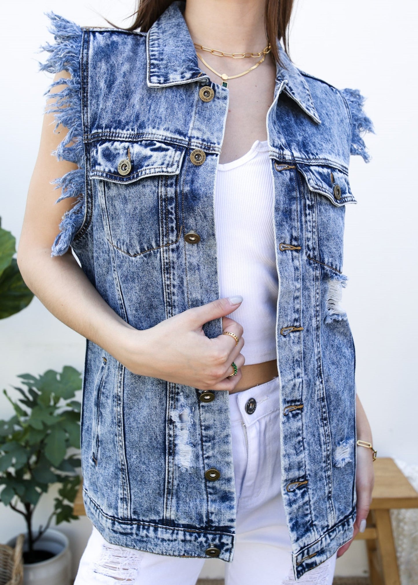 Oversize Distressed Sleeveless Denim Vest