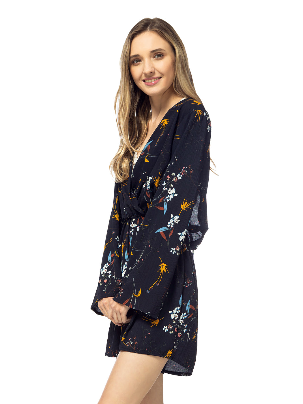 Floral Print Backless Long-Sleeve Romper