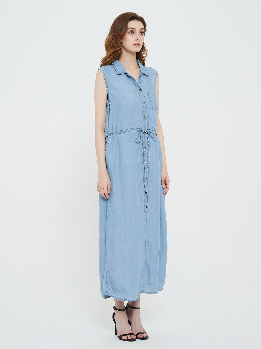 Adjustable Belt Sleeveless Button Down Denim Pocket Shirt Dress